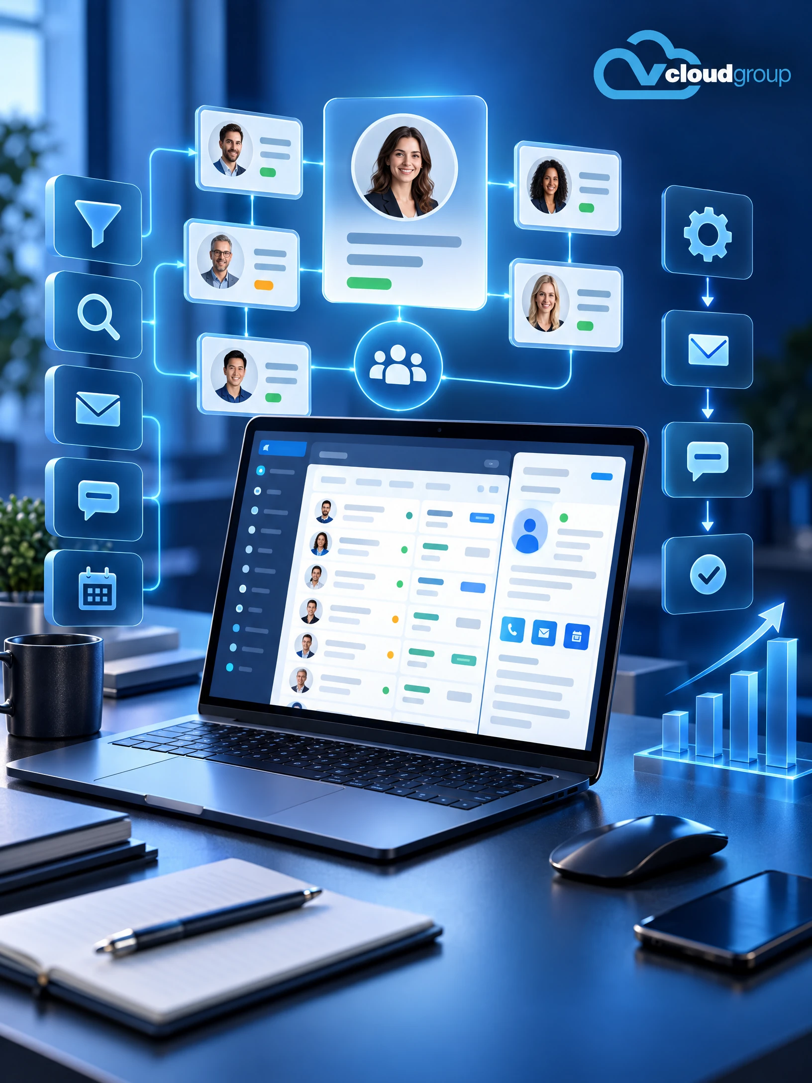 Conceptual portrait illustration of crm contact organisation for GoHighLevel
