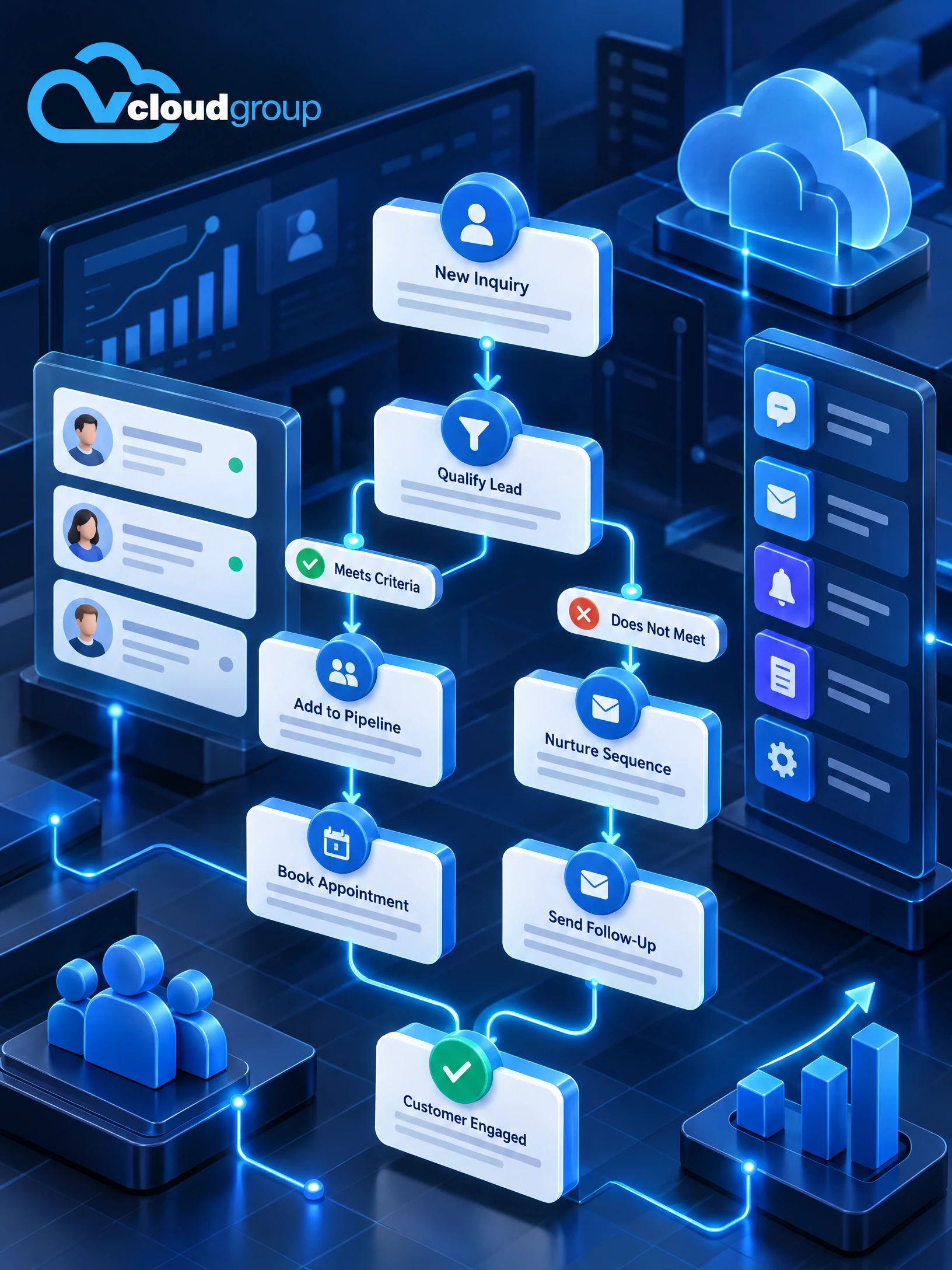 Conceptual portrait illustration of workflow trigger and action mapping for GoHighLevel