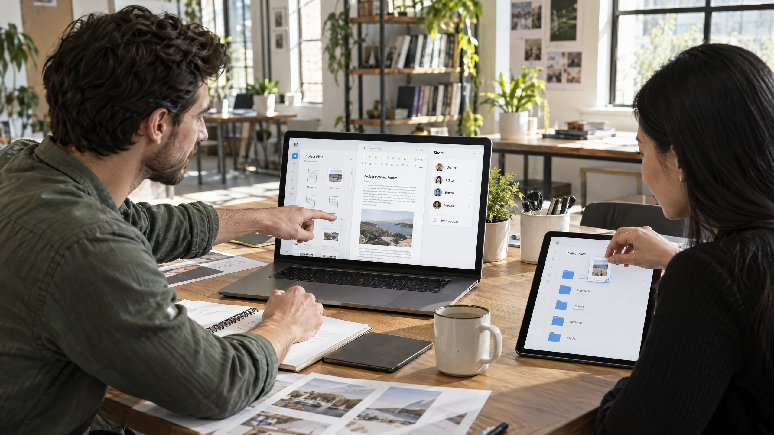Two colleagues co-editing a shared cloud document and organising permissioned project files on a laptop (illustrative)