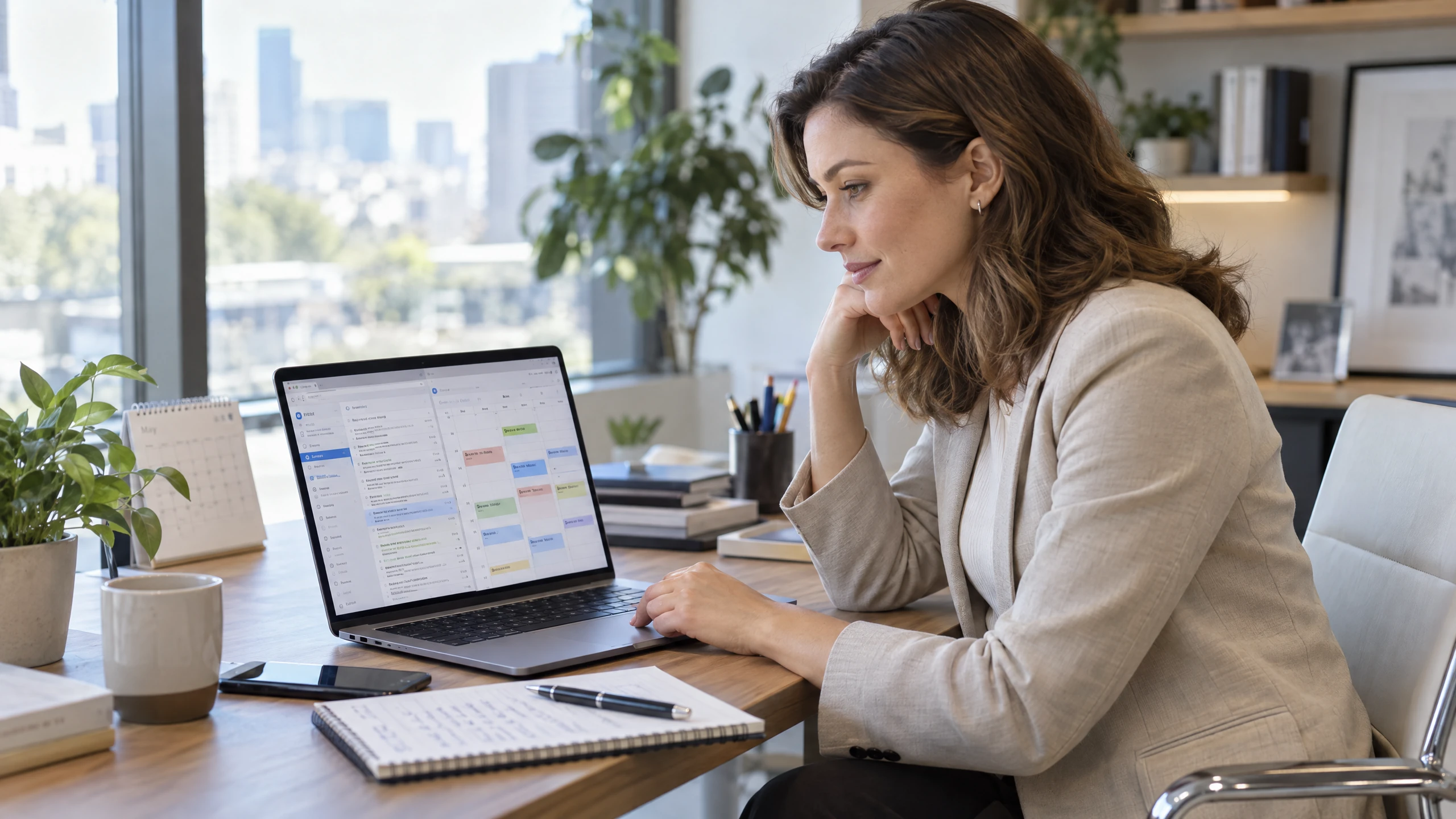 Communications coordinator reviewing business email beside a shared appointments calendar on a laptop (illustrative)