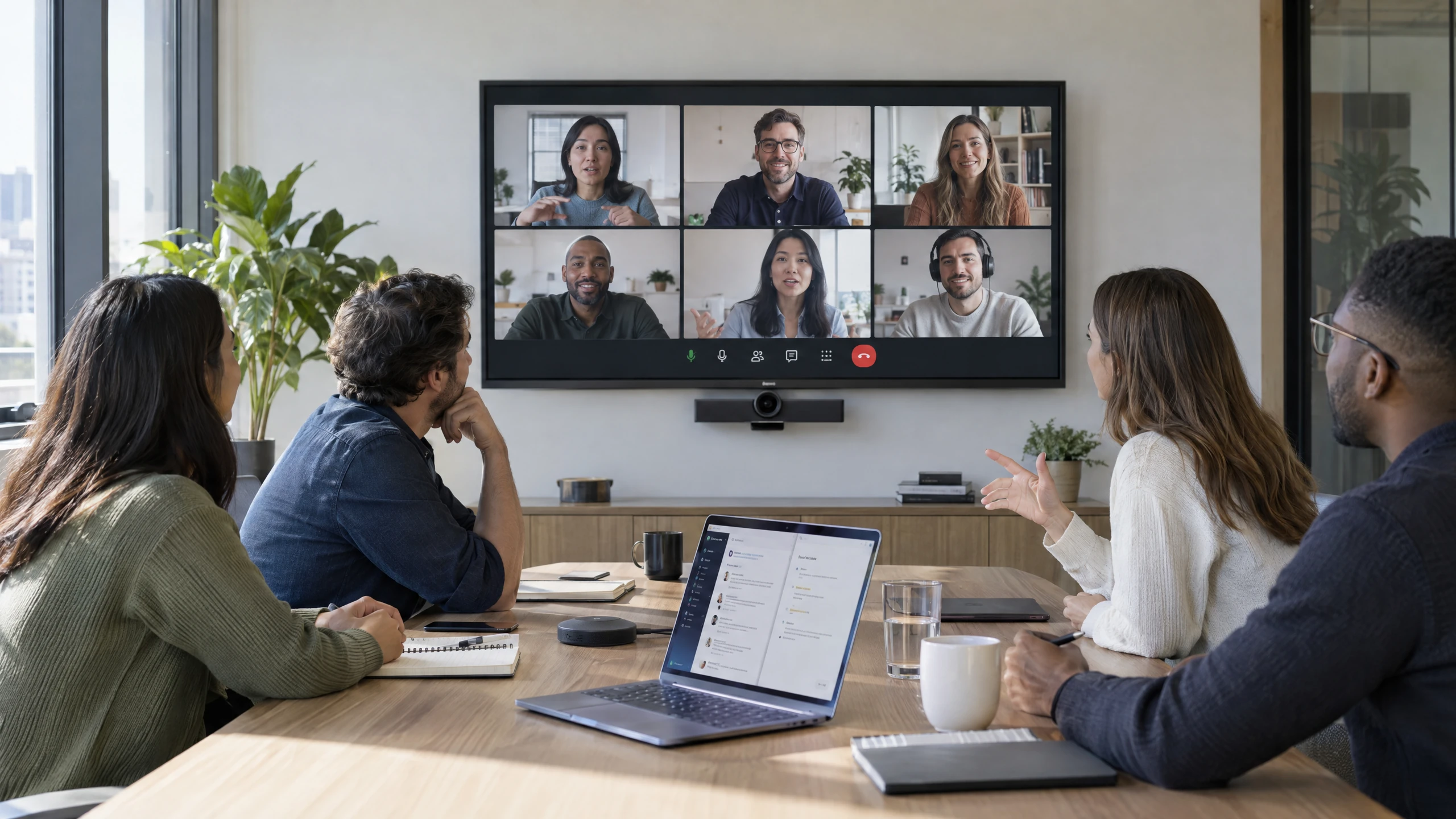 Team using a video meeting display, conference camera, microphone, and adjacent threaded chat interface (illustrative)