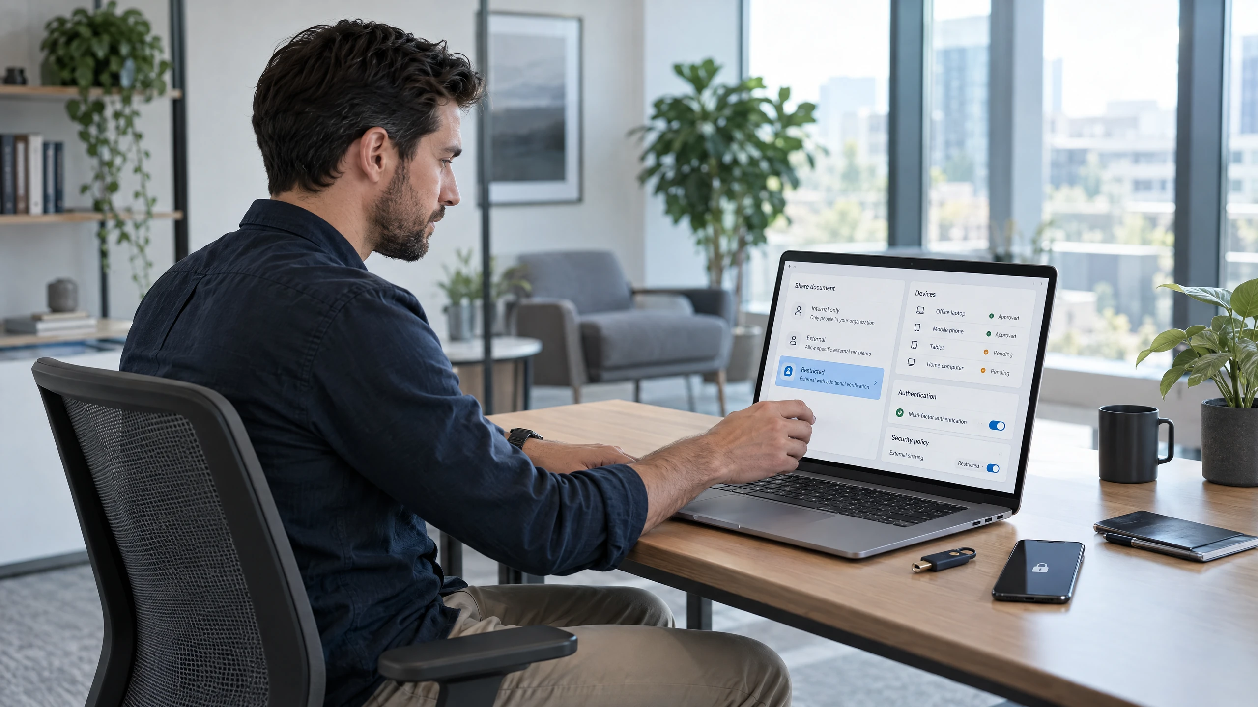 Security administrator reviewing internal and external file-sharing permissions, devices, and authentication controls on a laptop (illustrative)