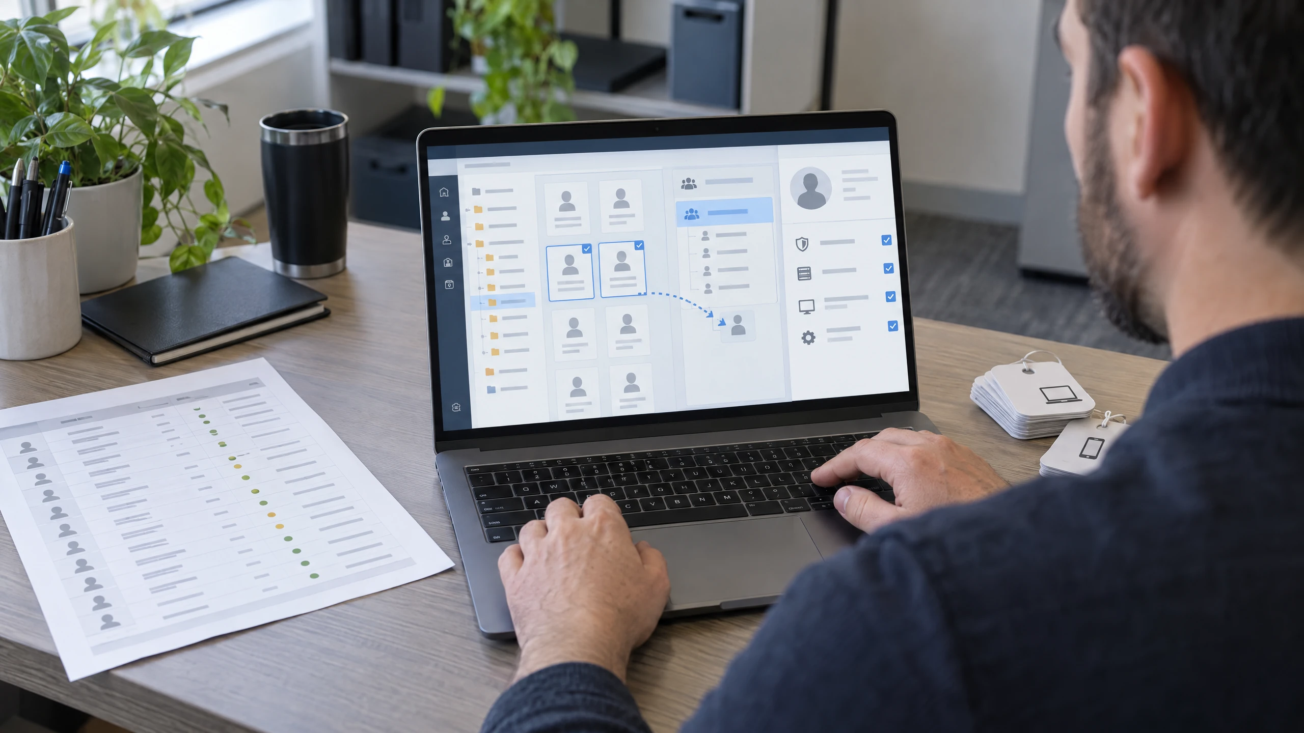 Administrator organising user profile cards into department groups while reviewing roles and aliases on a laptop (illustrative)