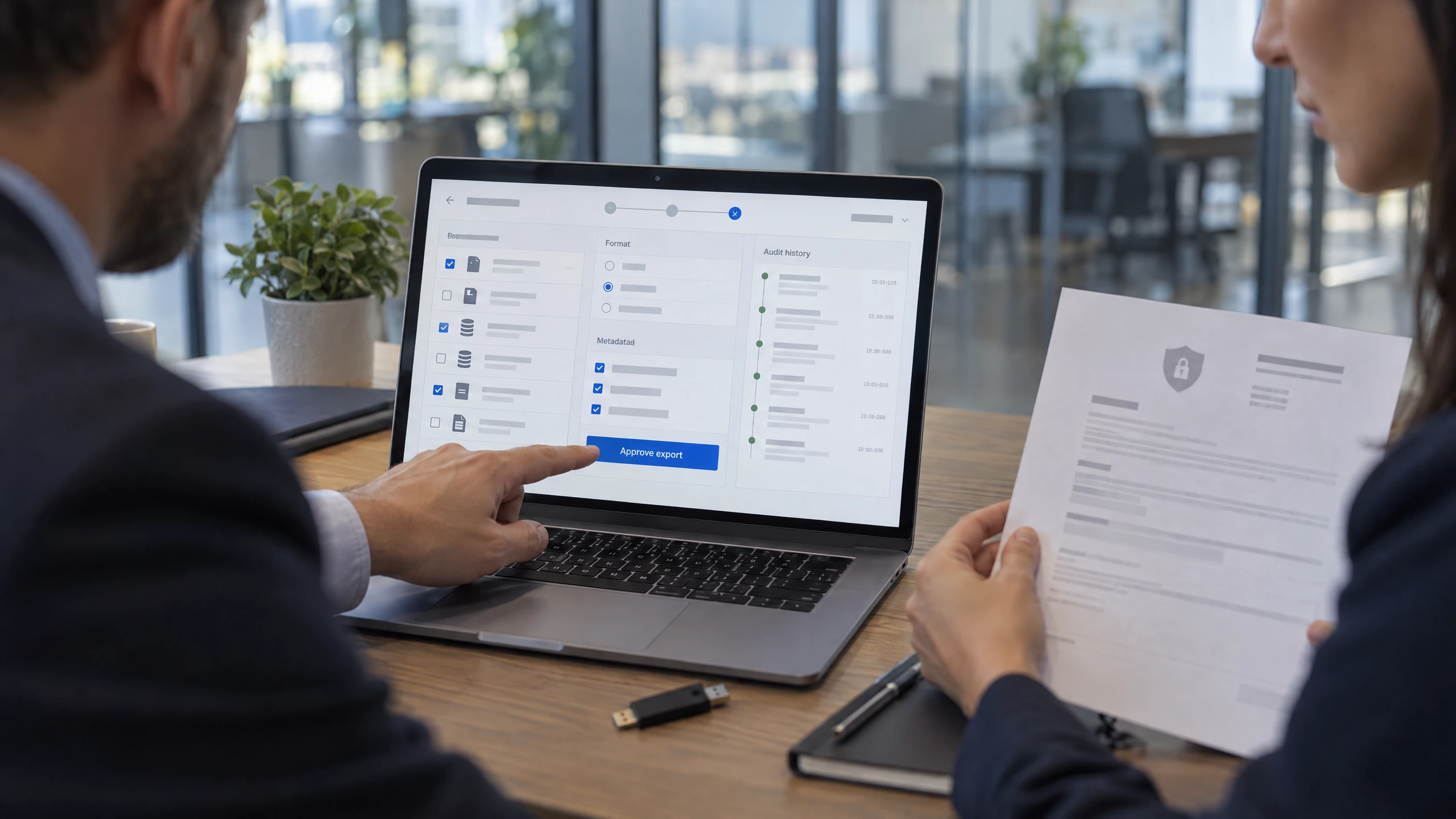 Administrator and security lead reviewing export formats, metadata, permissions and approval controls in a generic console (illustrative)