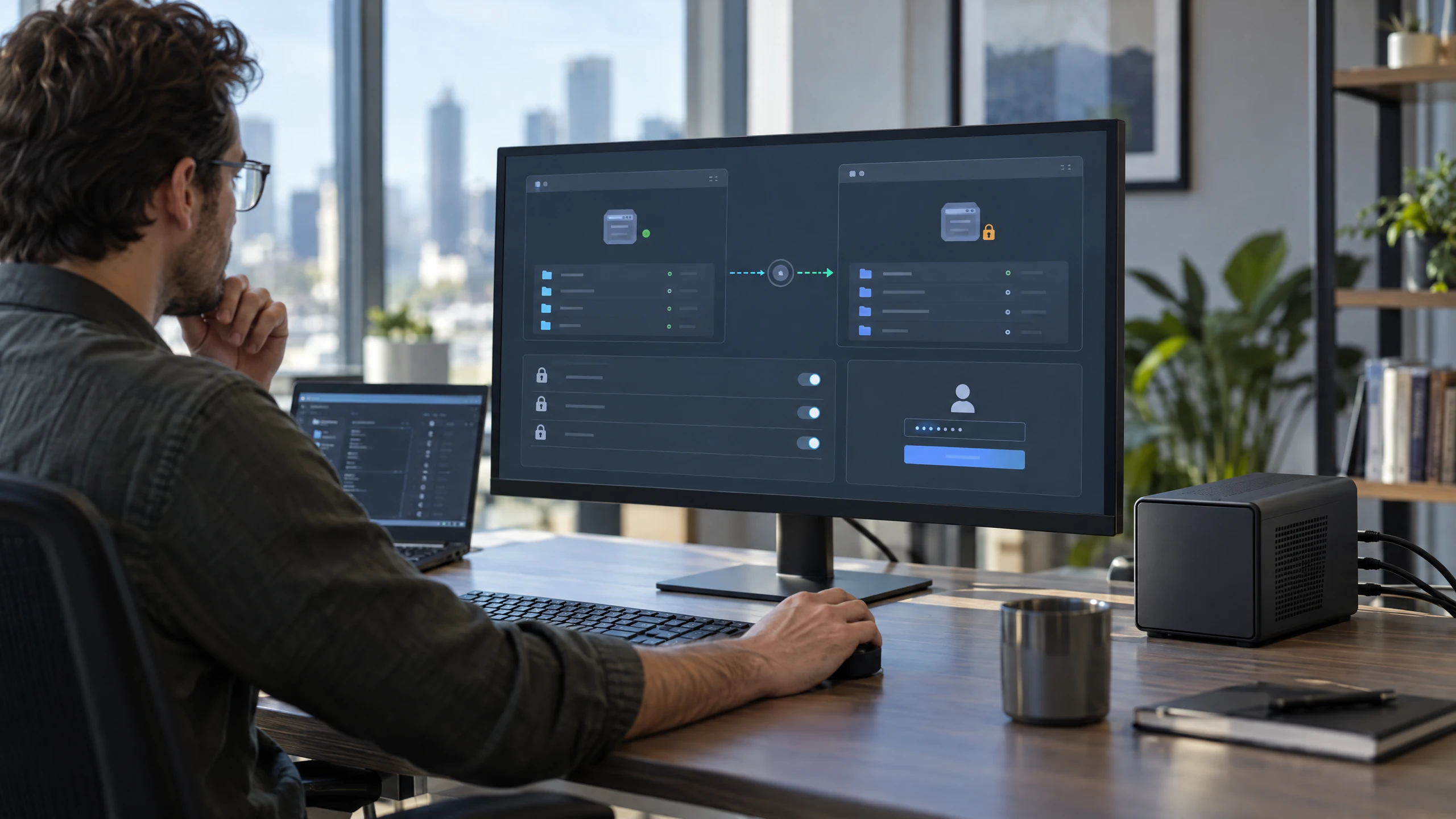 Systems architect reviewing a separate recovery destination, access controls and source-to-copy design on generic equipment (illustrative)