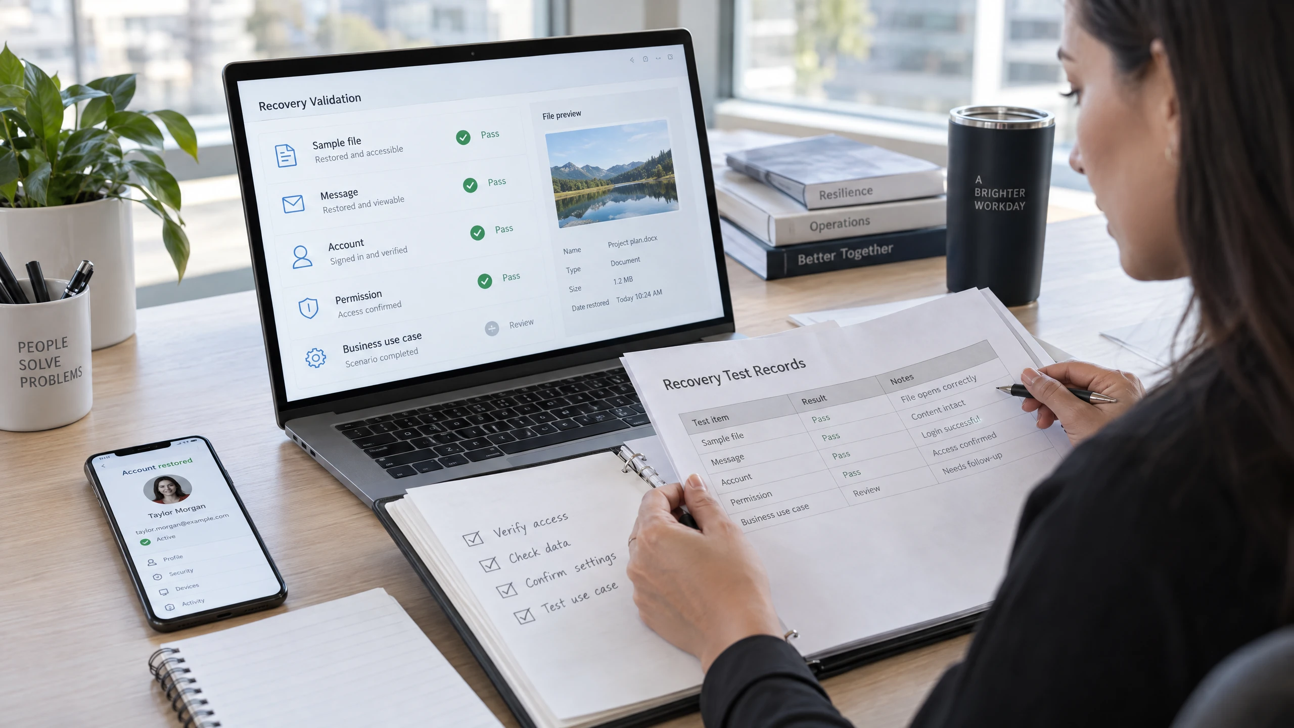 Support specialist checking restored sample files, messages, account access and permissions against a recovery validation checklist (illustrative)