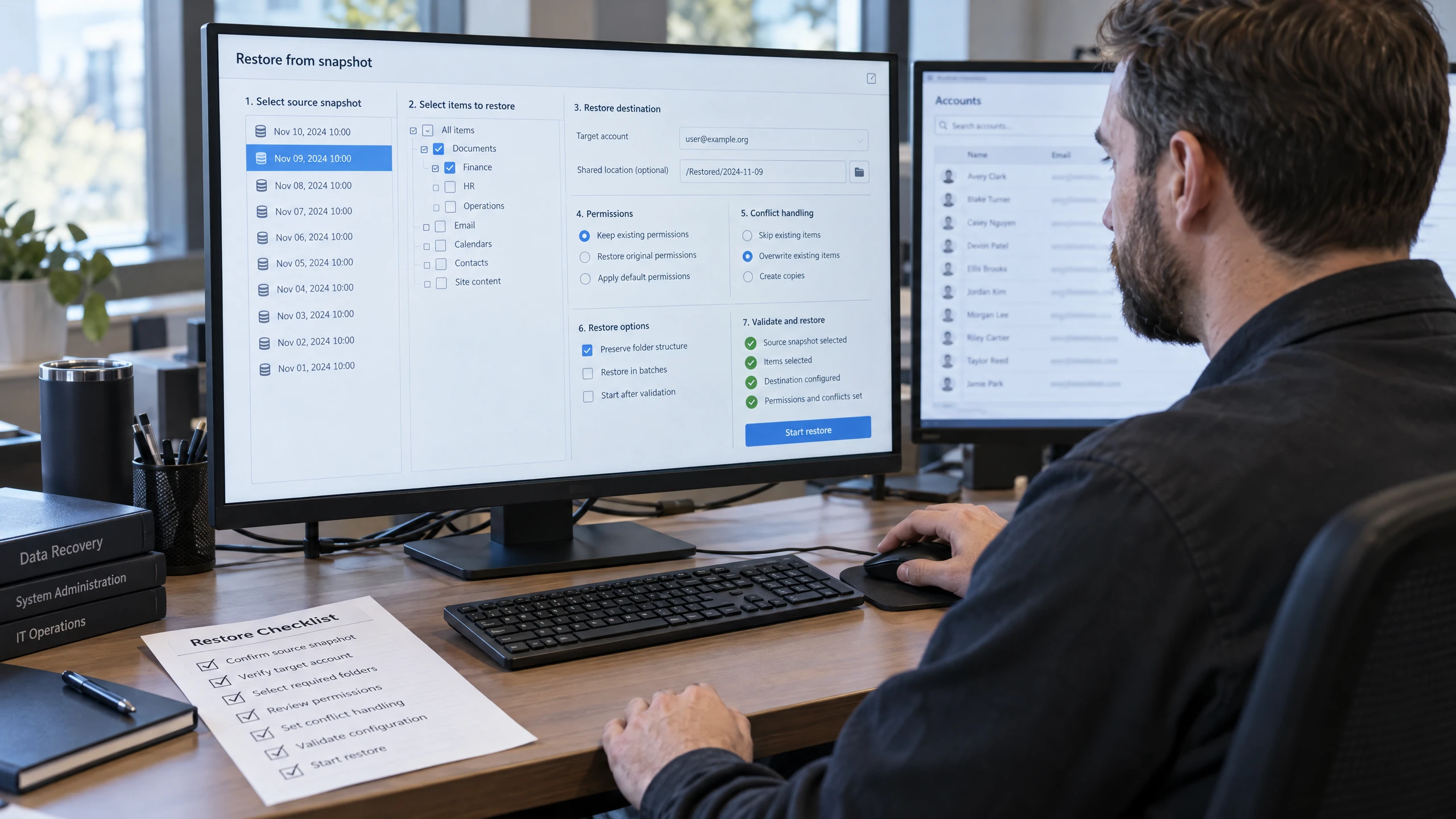 Recovery specialist selecting target accounts, shared data, permissions and validation steps in a generic restore console (illustrative)