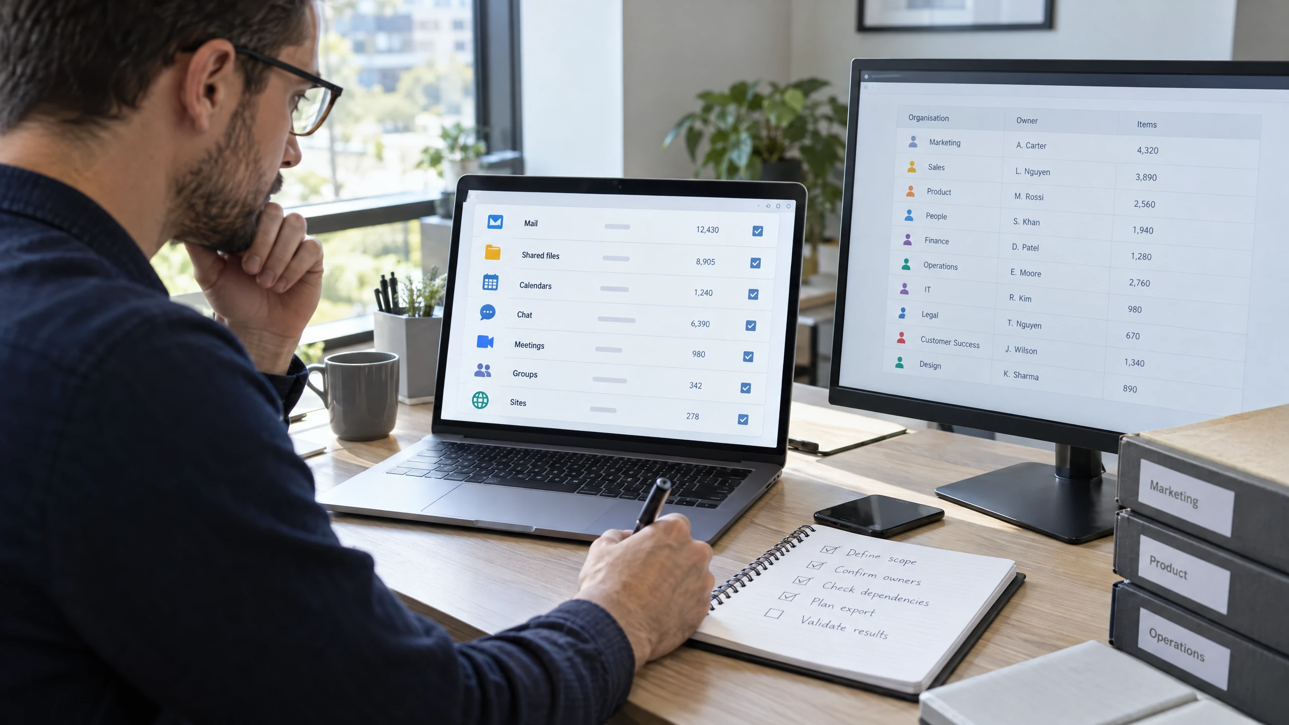 IT planner reviewing a generic workspace data inventory covering mail, files, calendars and collaboration workloads (illustrative)