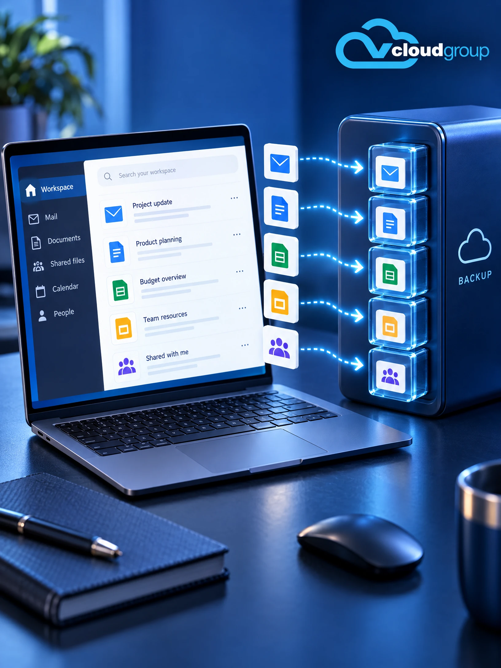 Conceptual portrait illustration of workspace data scope for Google Workspace Backup
