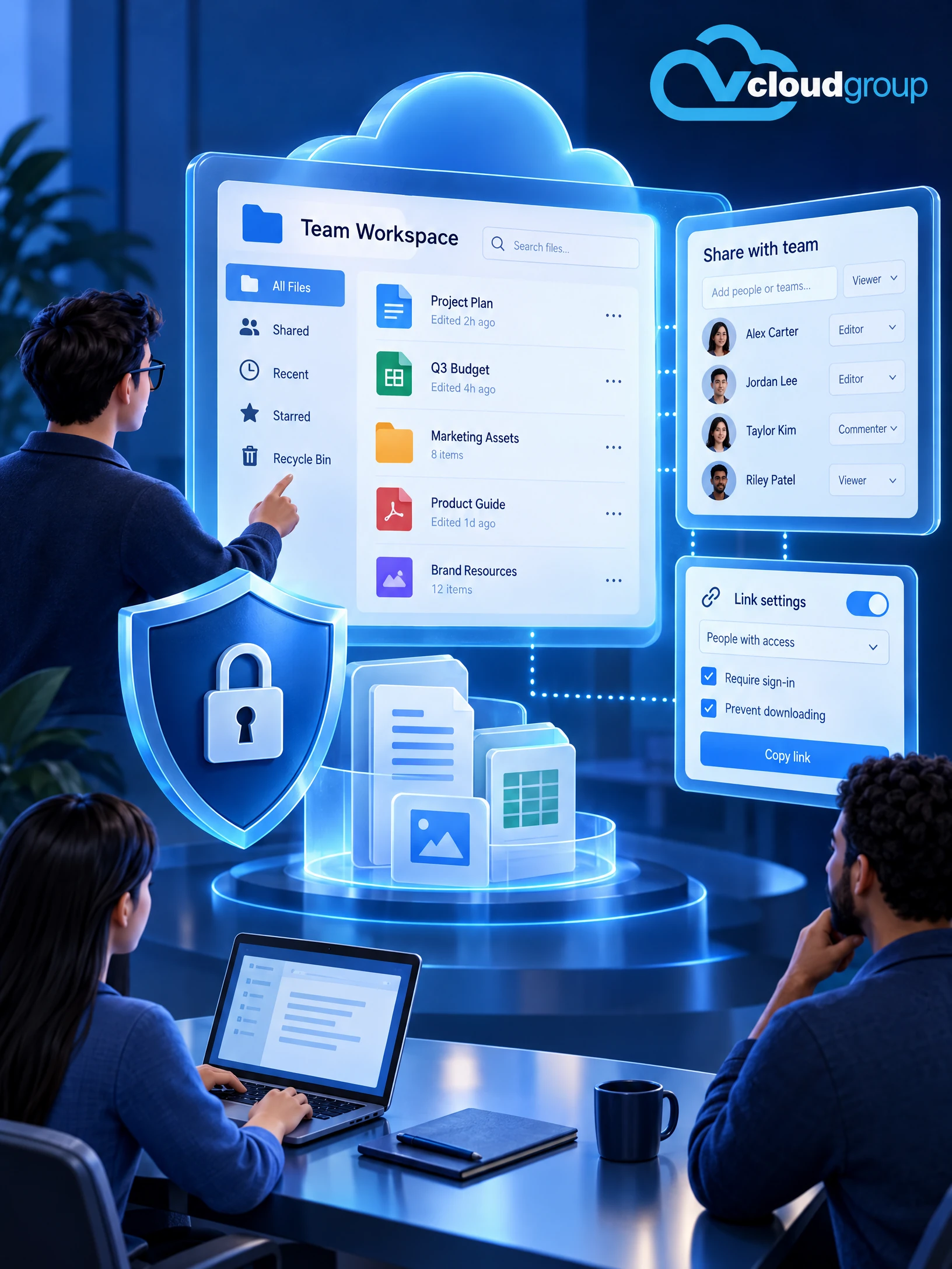 Conceptual portrait illustration of sharing and security controls for Google Workspace