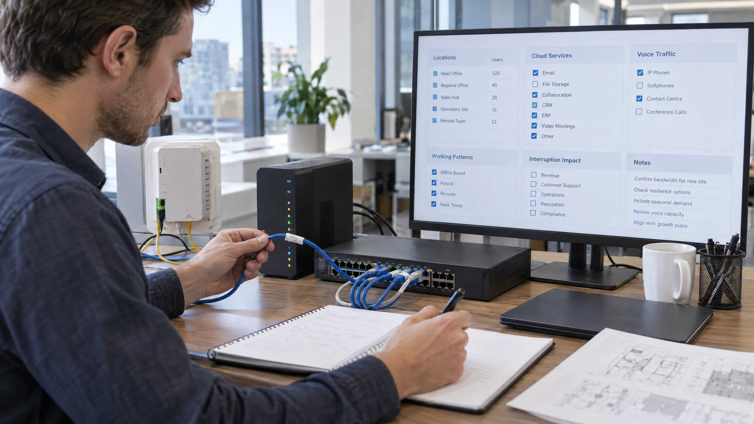 Network planner documenting business connectivity needs beside a gateway, fiber terminal and managed switch (illustrative)