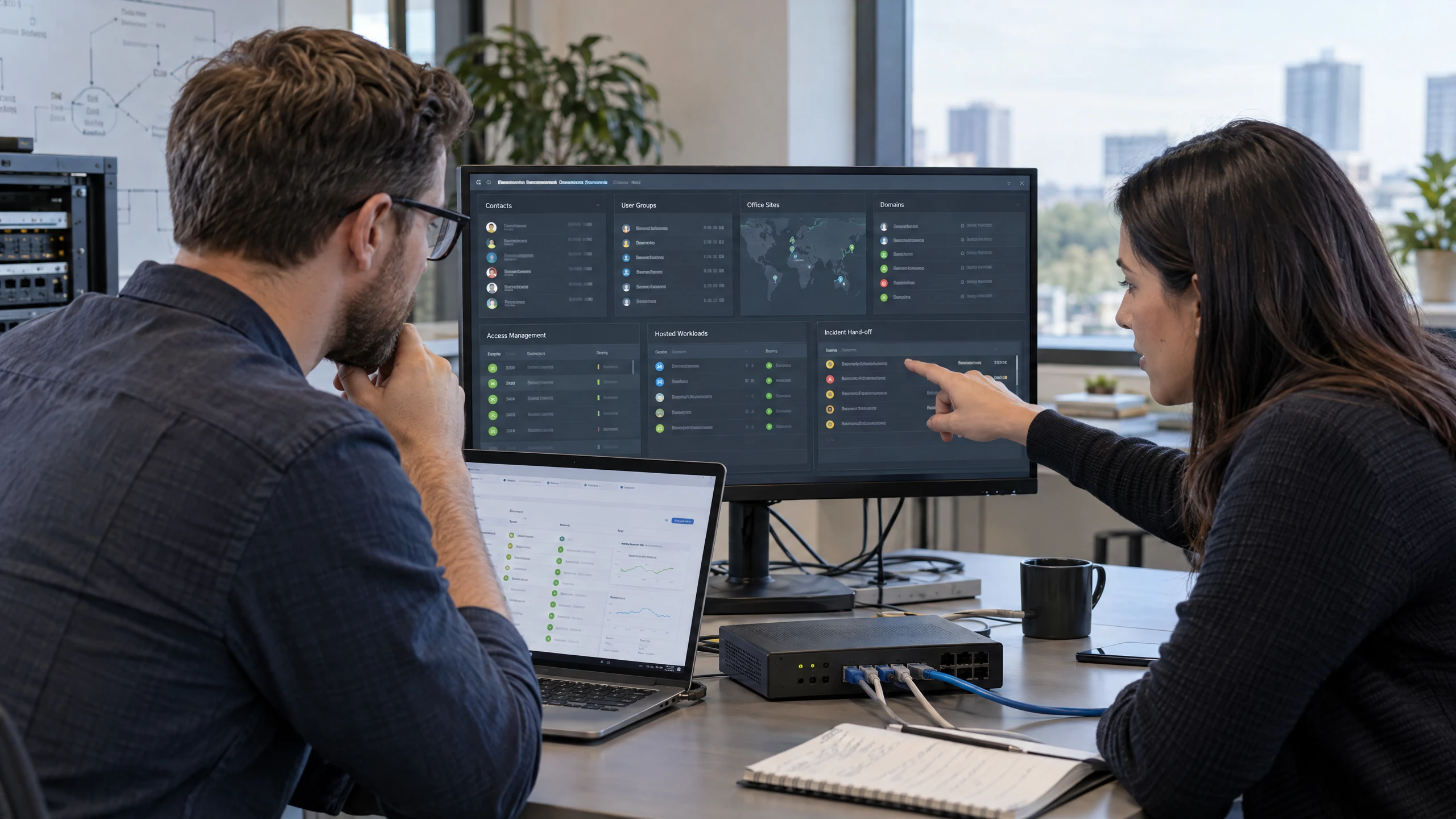 Infrastructure specialists tracing users, sites, hosted workloads and support hand-offs in a generic dependency console (illustrative)