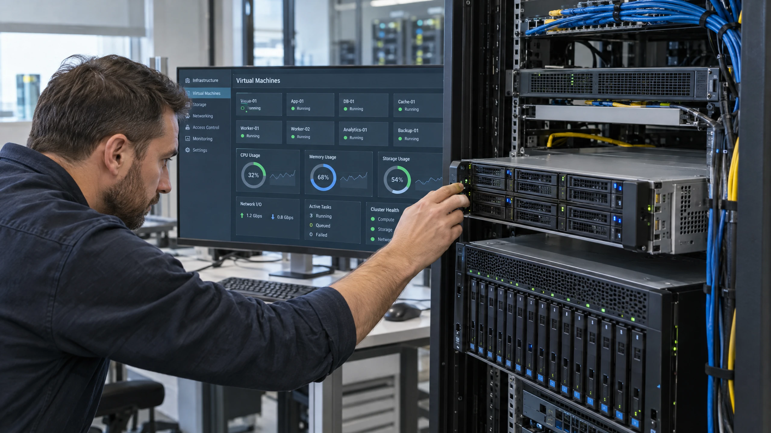 Systems engineer reviewing virtual server workloads beside an unbranded rack server and storage appliance (illustrative)
