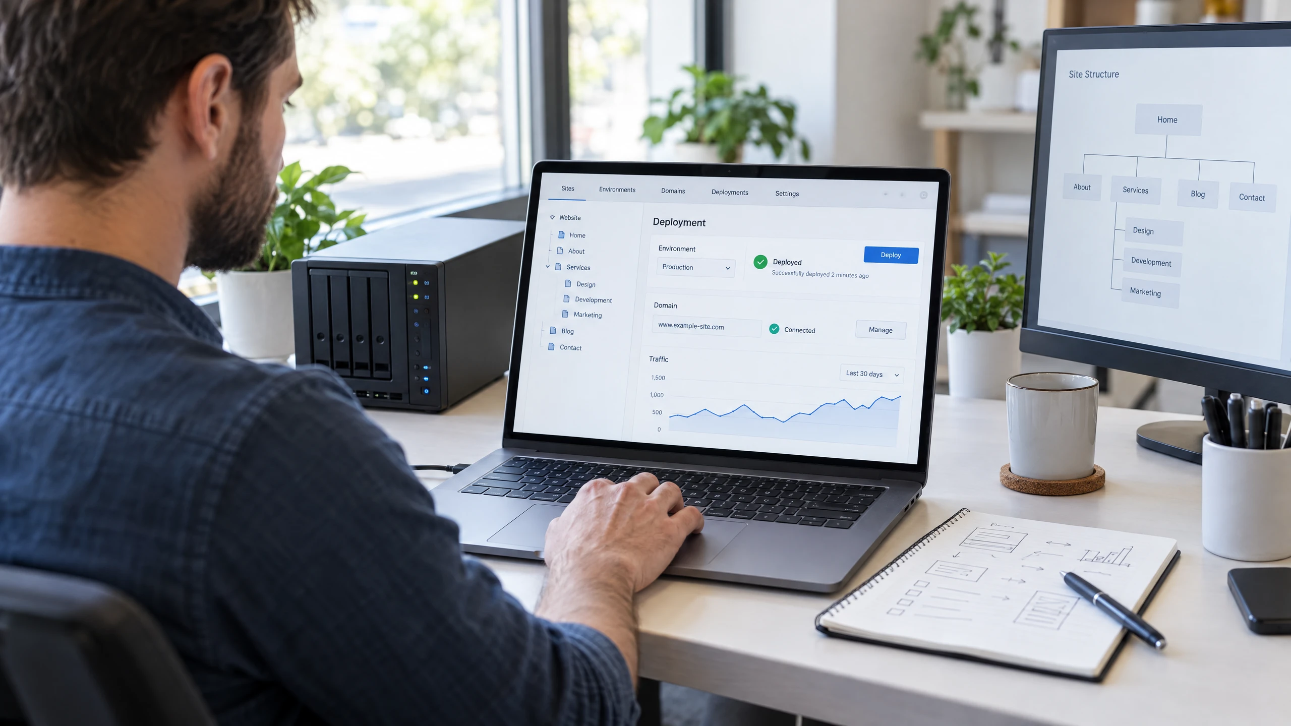 Web specialist reviewing a generic website deployment and domain planning interface beside hosting equipment (illustrative)