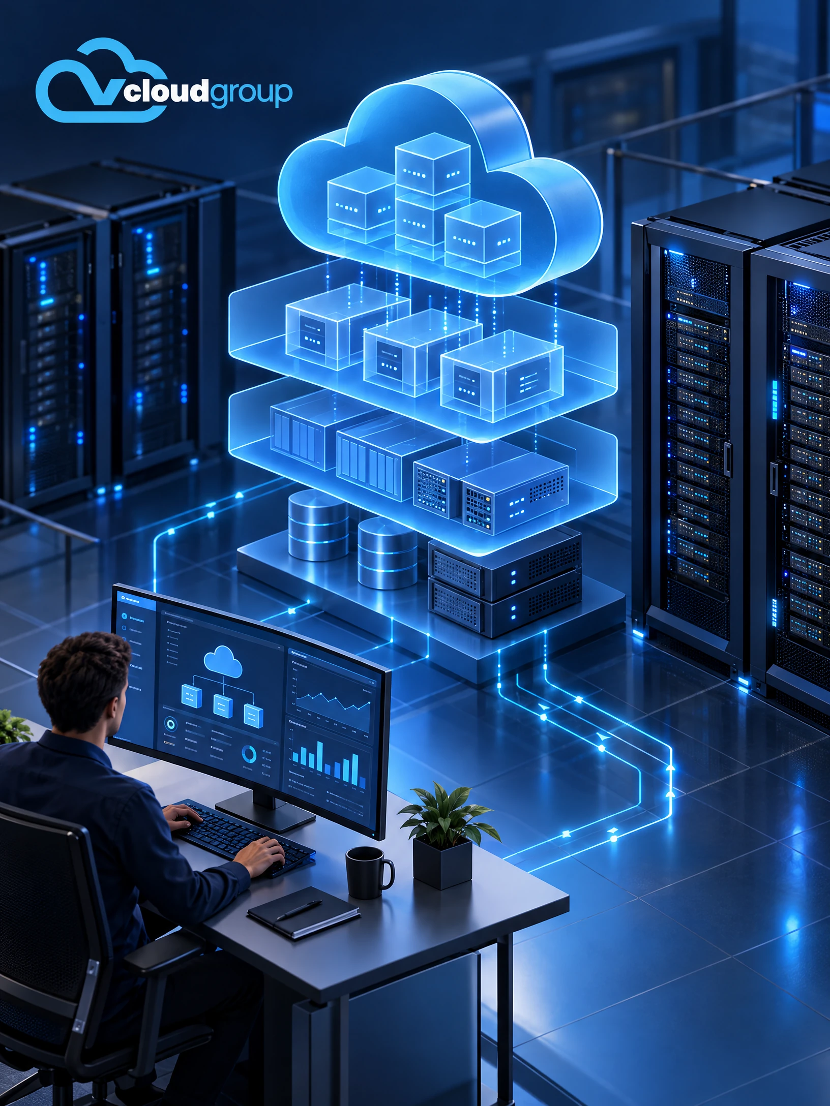 Conceptual portrait illustration of hosted server environment for Internet hosting