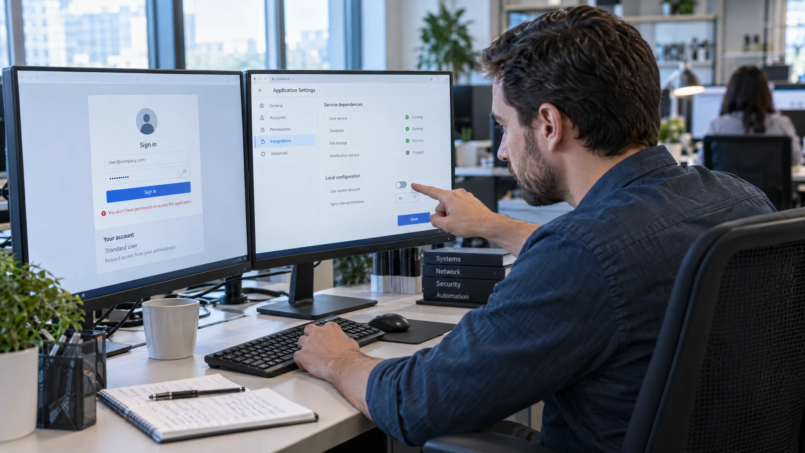 IT specialist diagnosing application access with generic account and configuration screens on dual monitors (illustrative)