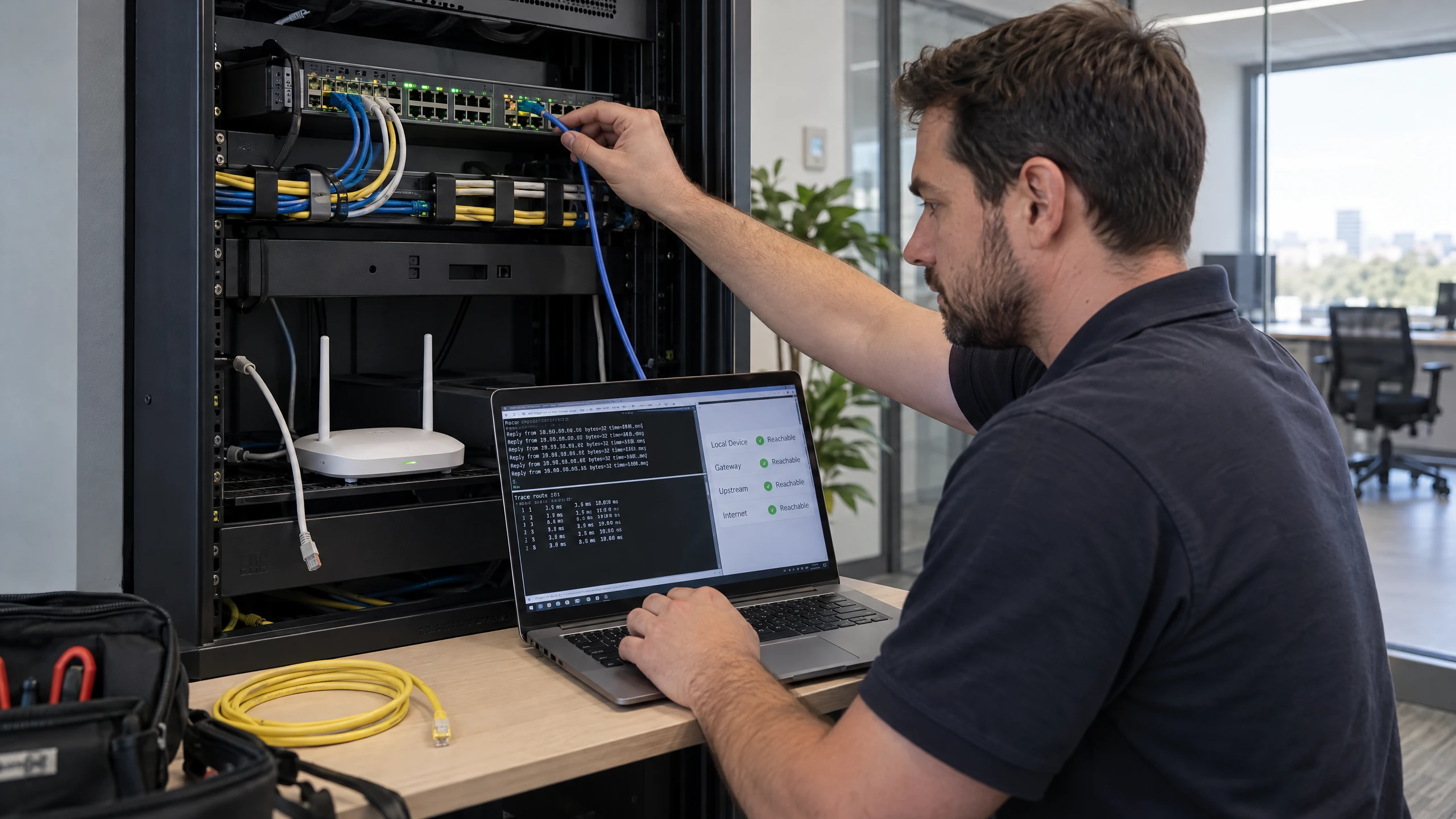Network technician tracing Ethernet cabling while checking a laptop connectivity diagnostic interface (illustrative)