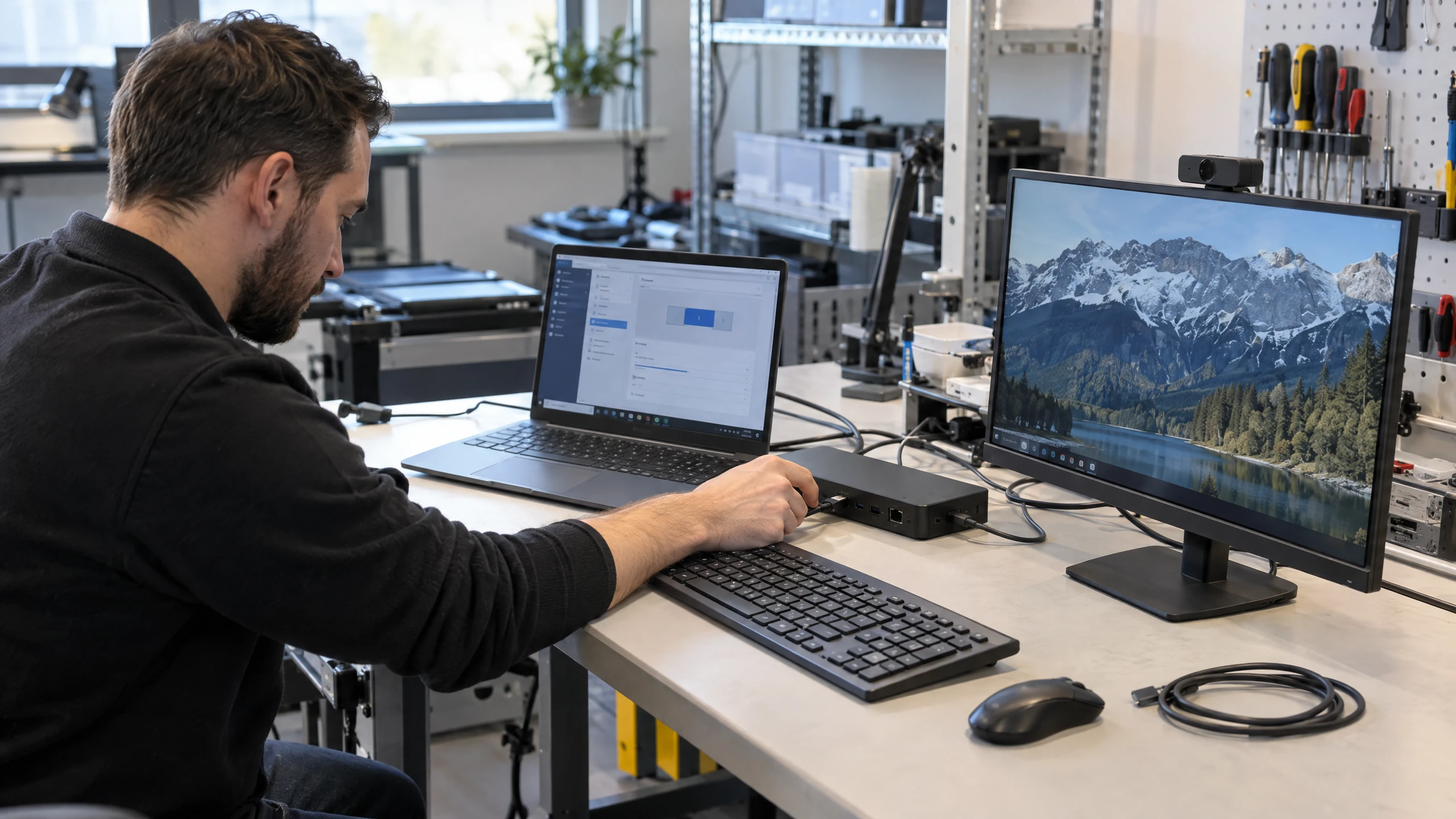 Technician reseating a laptop docking connection while checking workplace peripherals and device settings (illustrative)