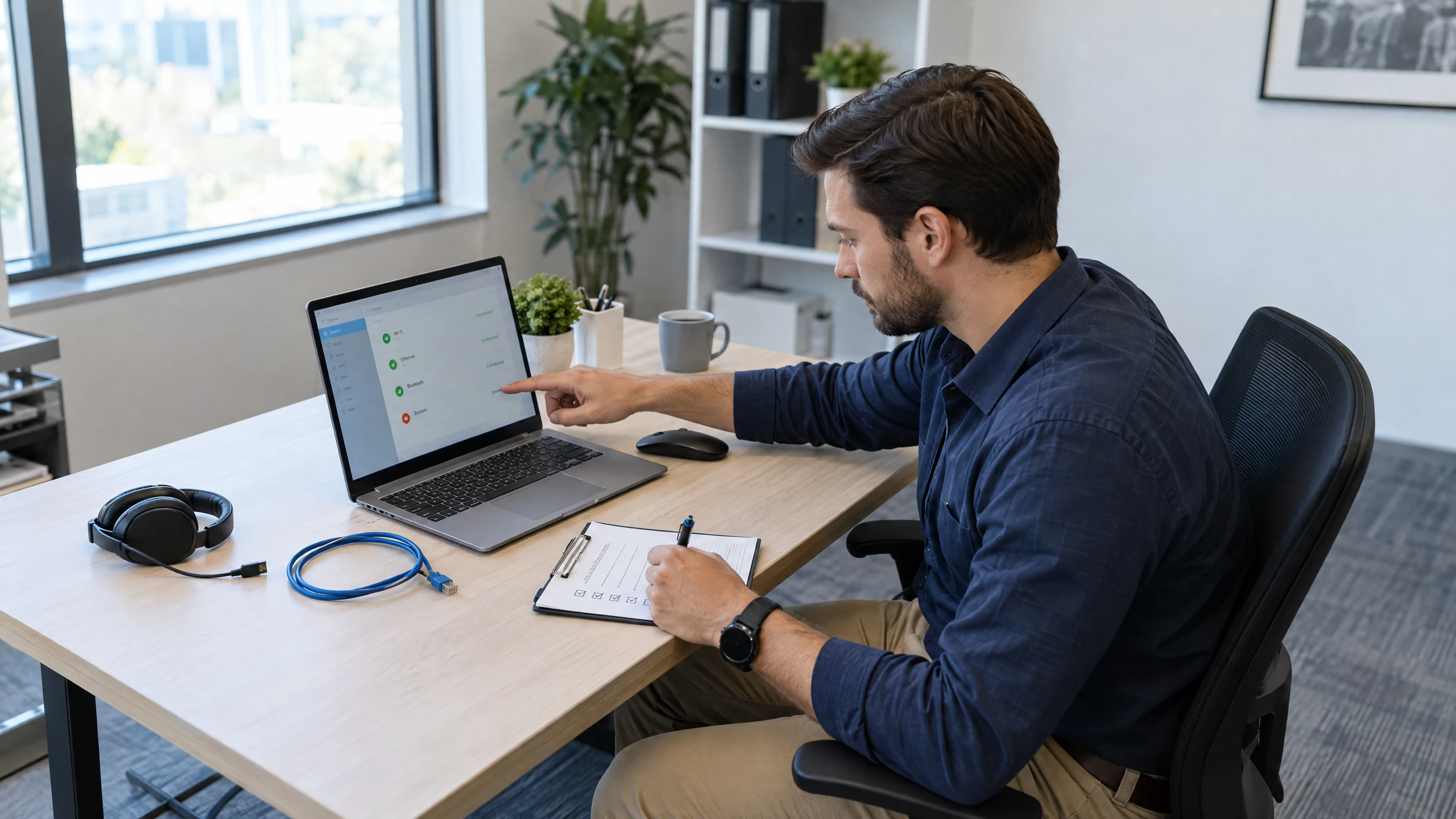 IT support technician triaging a workstation issue using a laptop diagnostic screen and symptom checklist (illustrative)