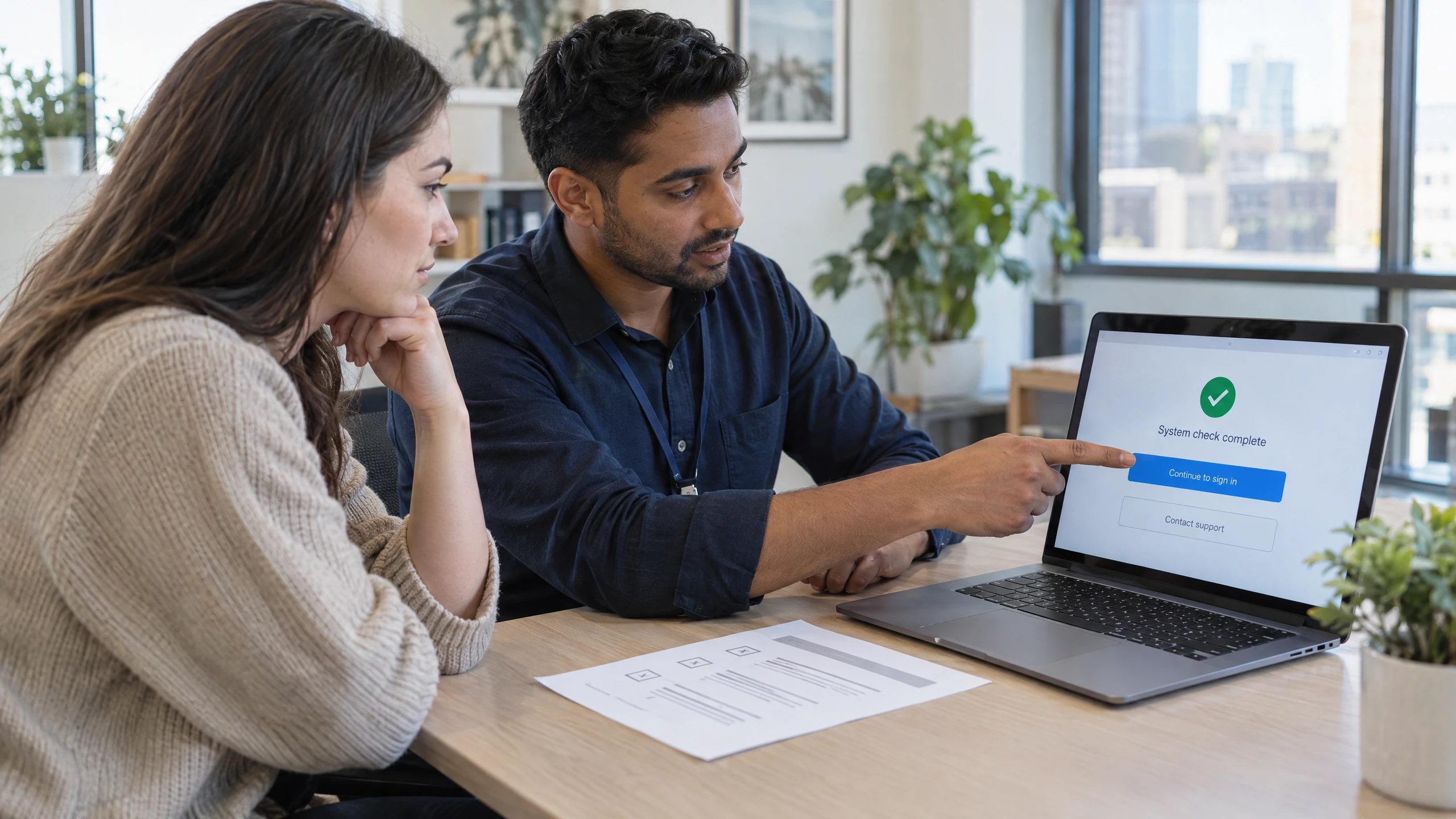 IT support specialist explaining a safe recovery step and escalation path beside a laptop (illustrative)