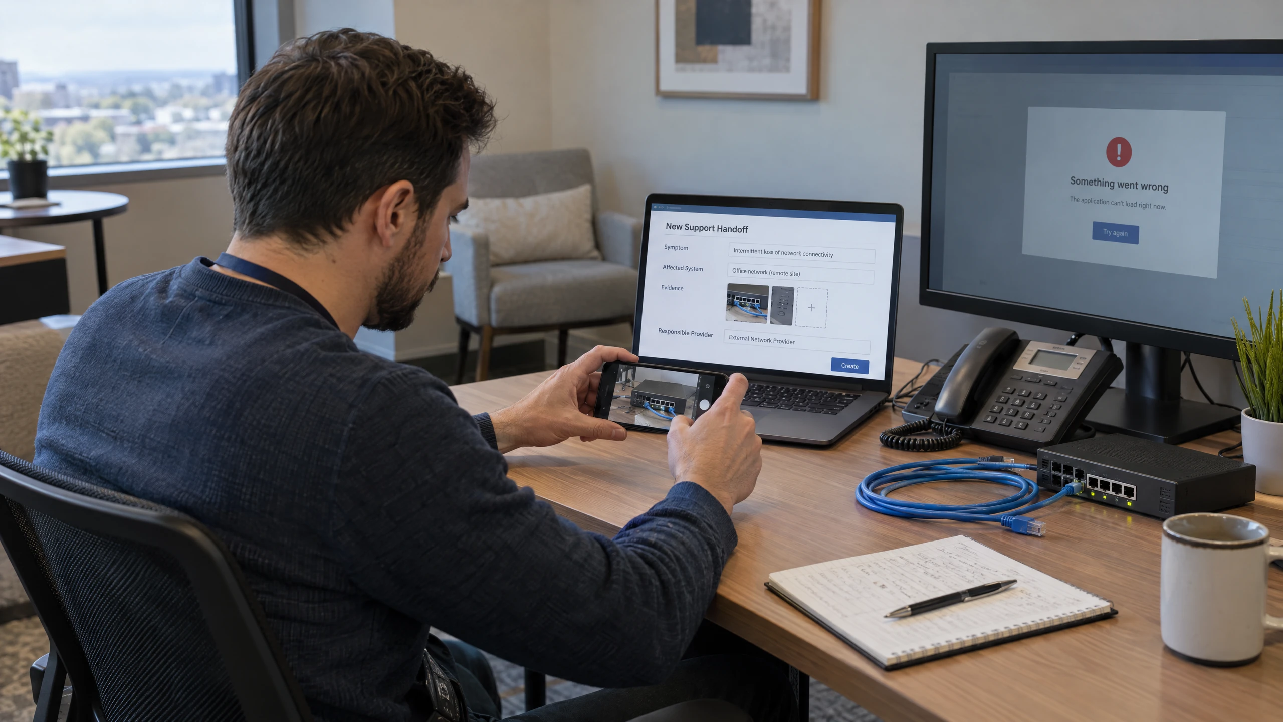 IT support specialist assembling a technical handoff record beside phone, network and application evidence (illustrative)