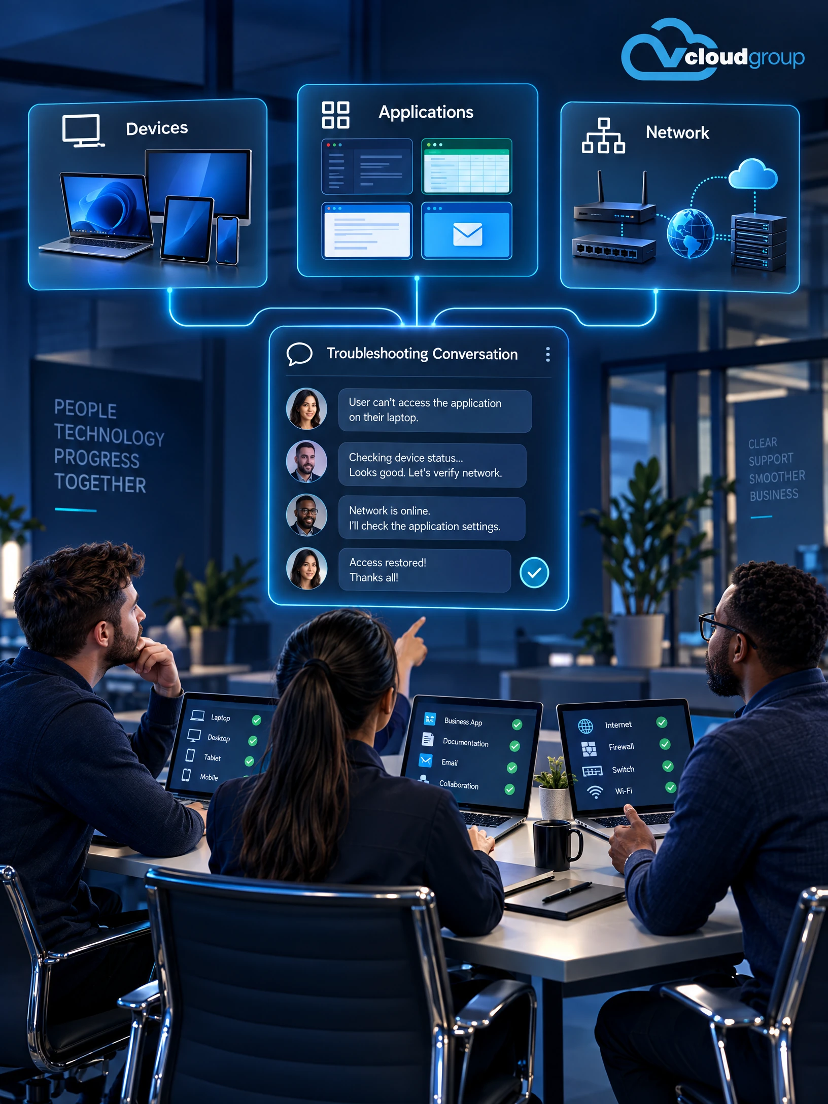 Conceptual portrait illustration of provider coordination for IT Support