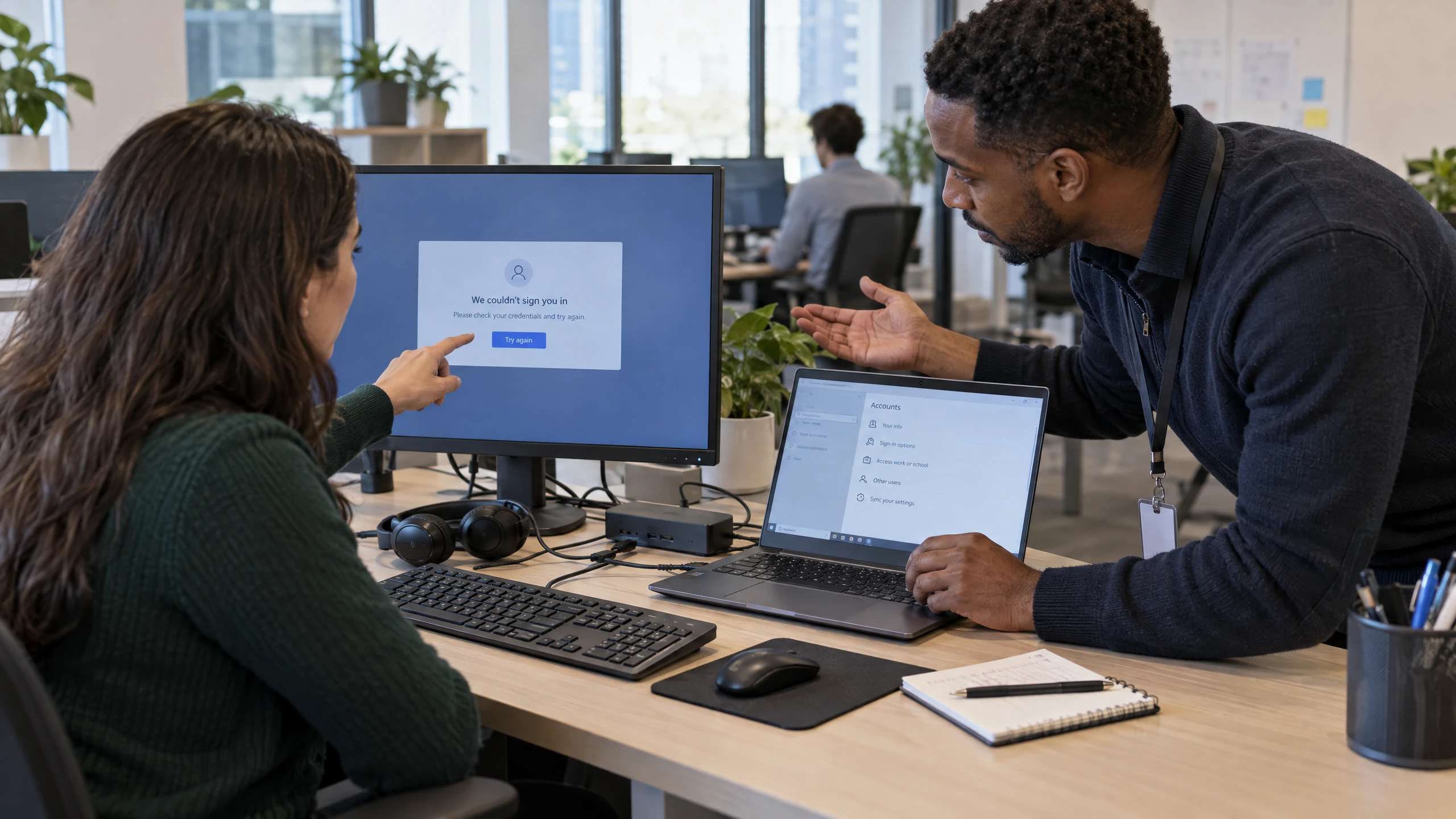 Technician helping an employee diagnose a laptop access issue at a supported workstation (illustrative)