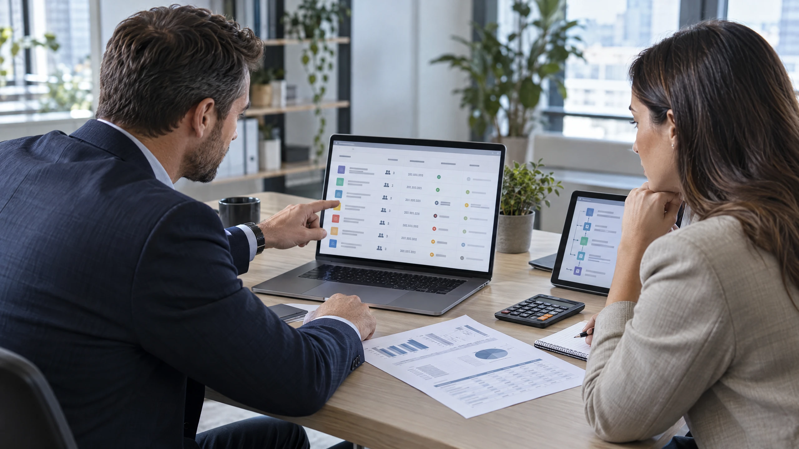 Adviser and client reviewing neutral software seats, renewal timing and platform dependencies (illustrative)