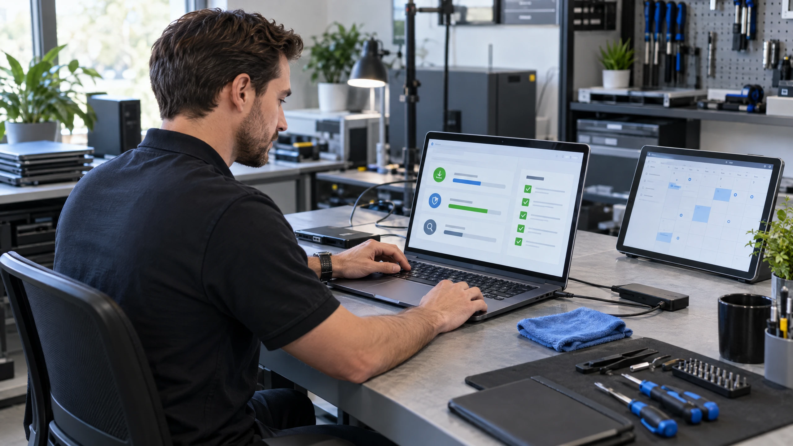 Technician carrying out a scheduled laptop update and security maintenance review (illustrative)