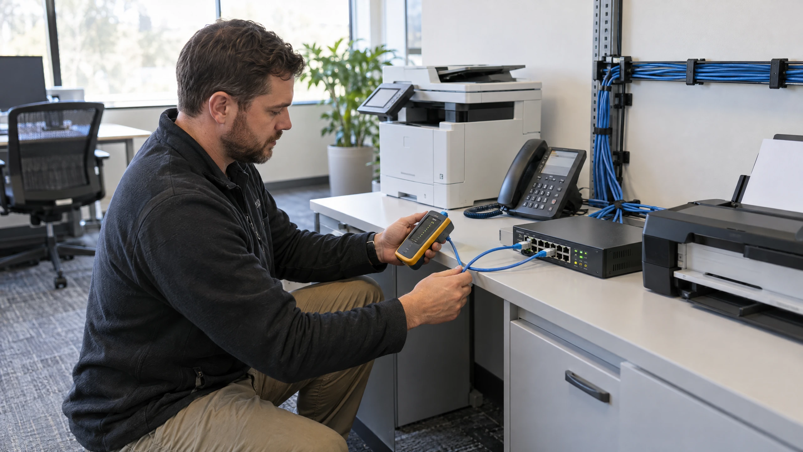Technician testing Ethernet connections serving a printer, scanner and office phone (illustrative)