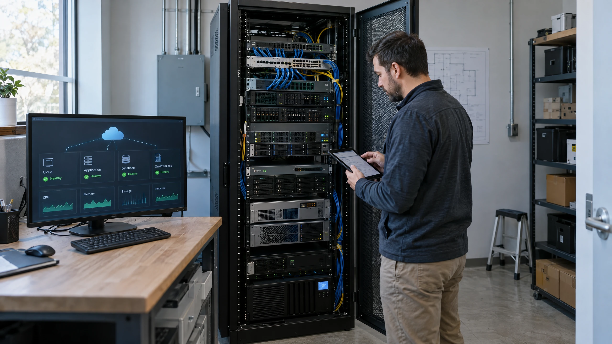 Engineer reviewing rack servers, storage and a generic hybrid infrastructure status screen (illustrative)