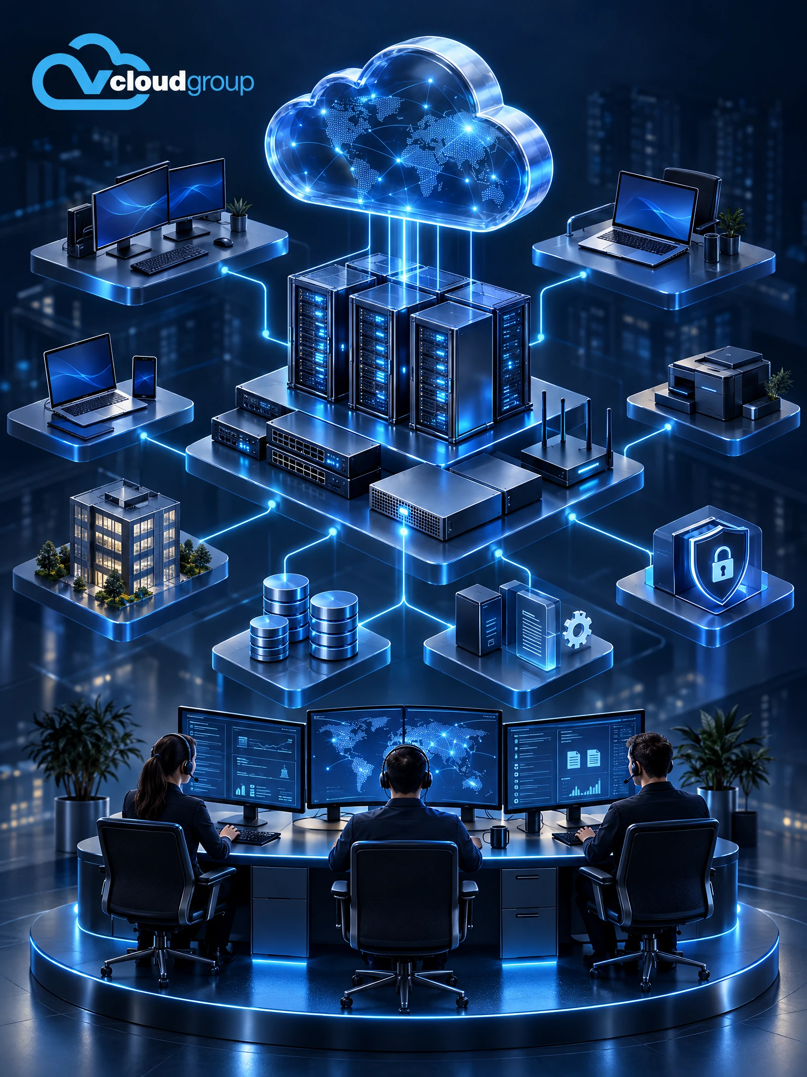 Conceptual portrait illustration of network-connected equipment for Managed Services
