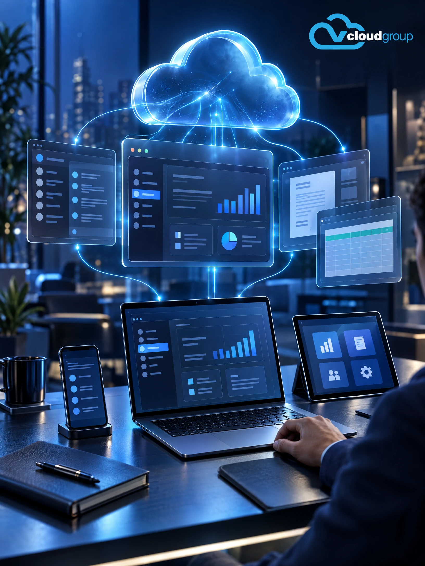 Conceptual portrait illustration of business application coordination for Managed Services