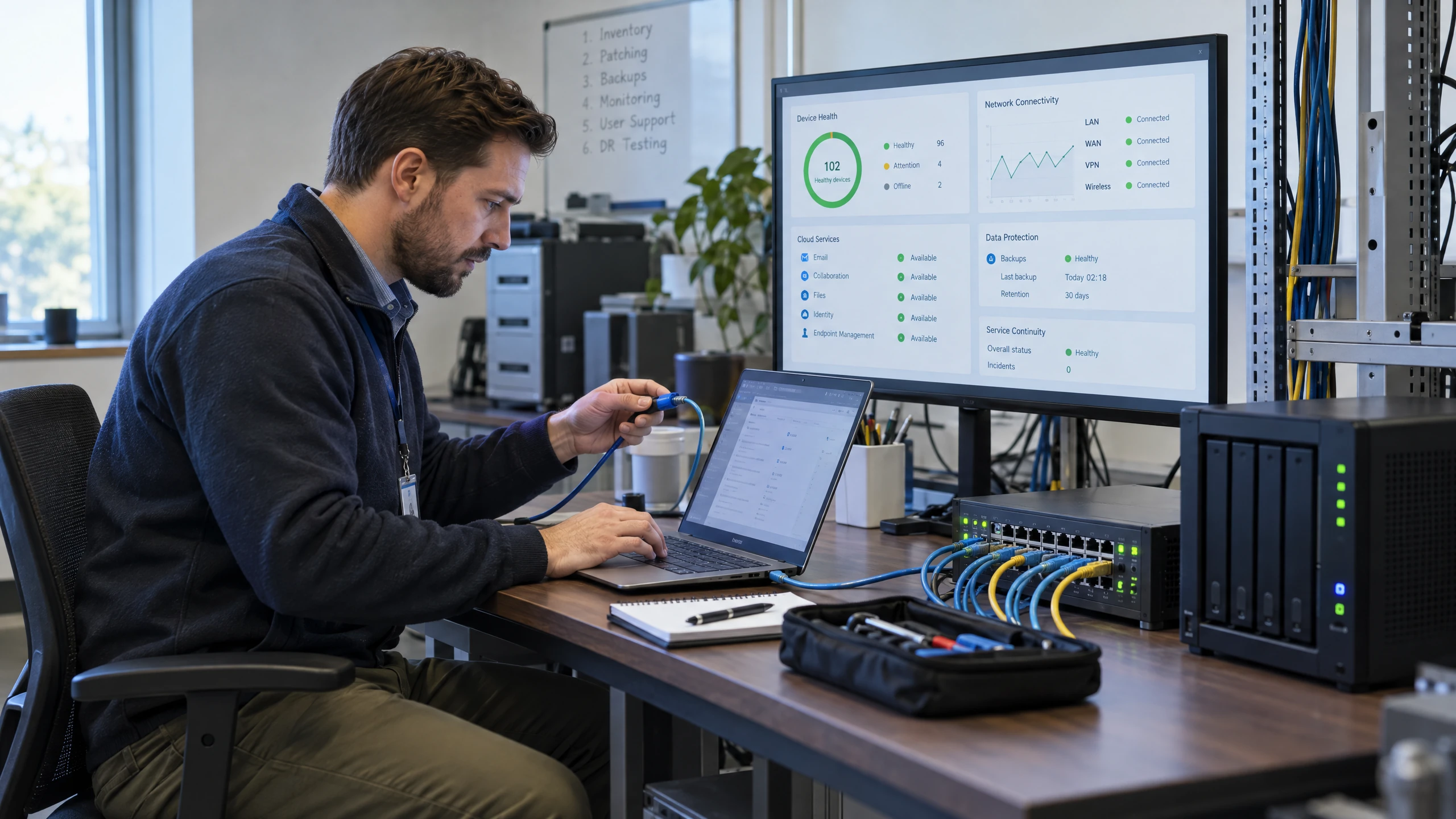 IT specialist checking a business laptop, network ports and combined device and cloud status dashboard (illustrative)