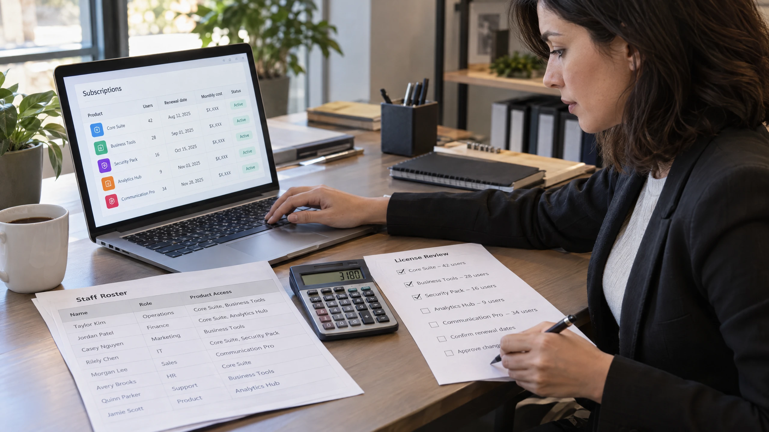 Administrator reconciling user seats, subscription bundles and billing periods on a licensing planning interface (illustrative)
