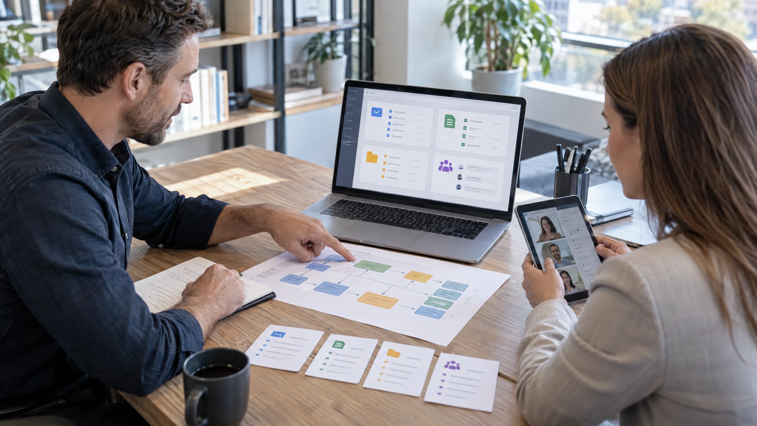Two professionals mapping email, documents, shared files and collaboration services on a laptop during a workplace technology review (illustrative)