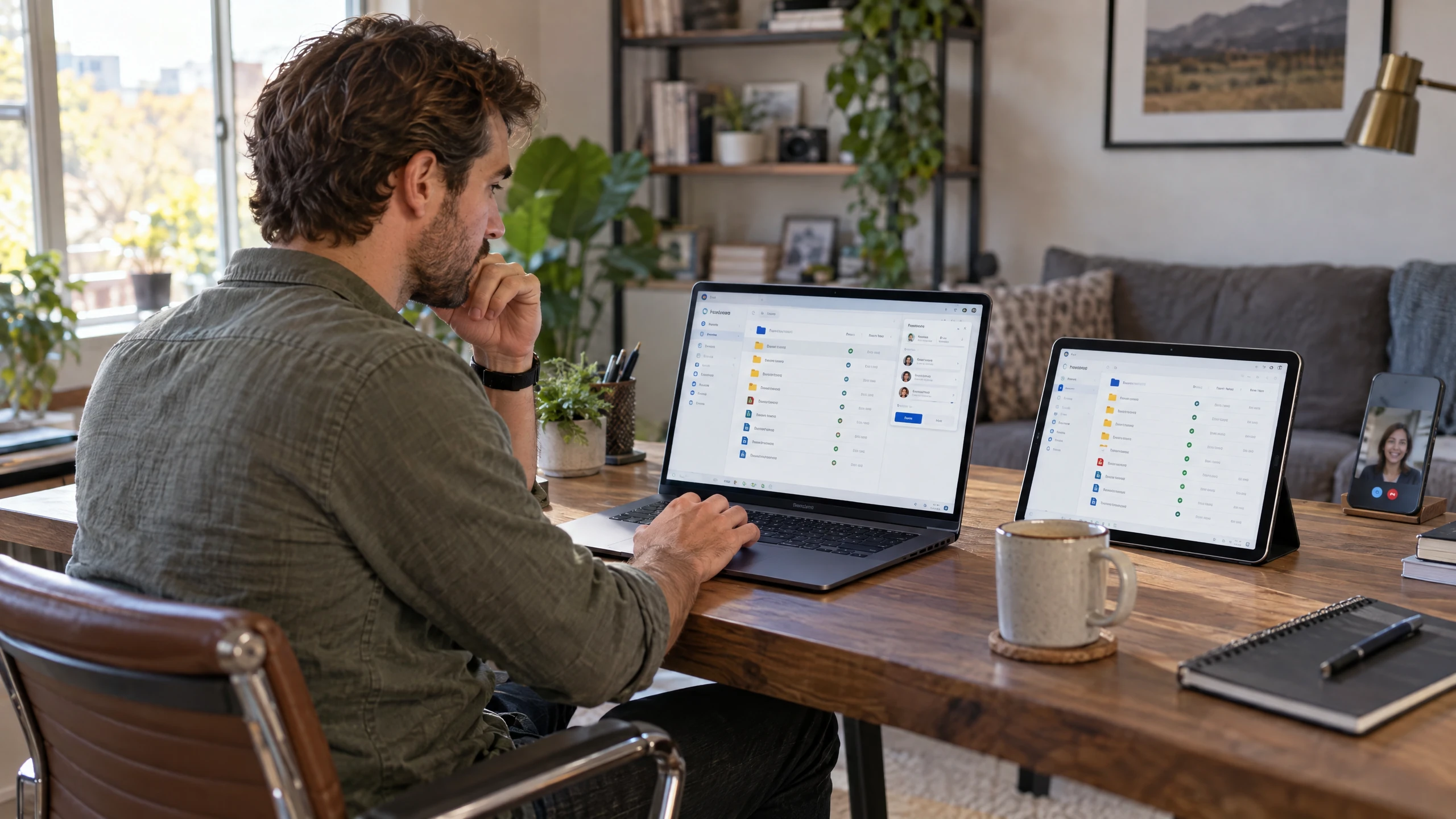 Remote worker accessing synchronised shared project folders on a laptop and tablet (illustrative)