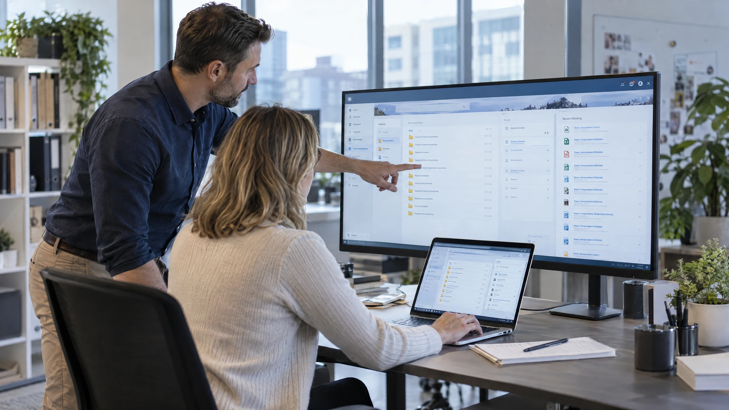 Two colleagues organising a structured shared business workspace with document libraries and team navigation (illustrative)