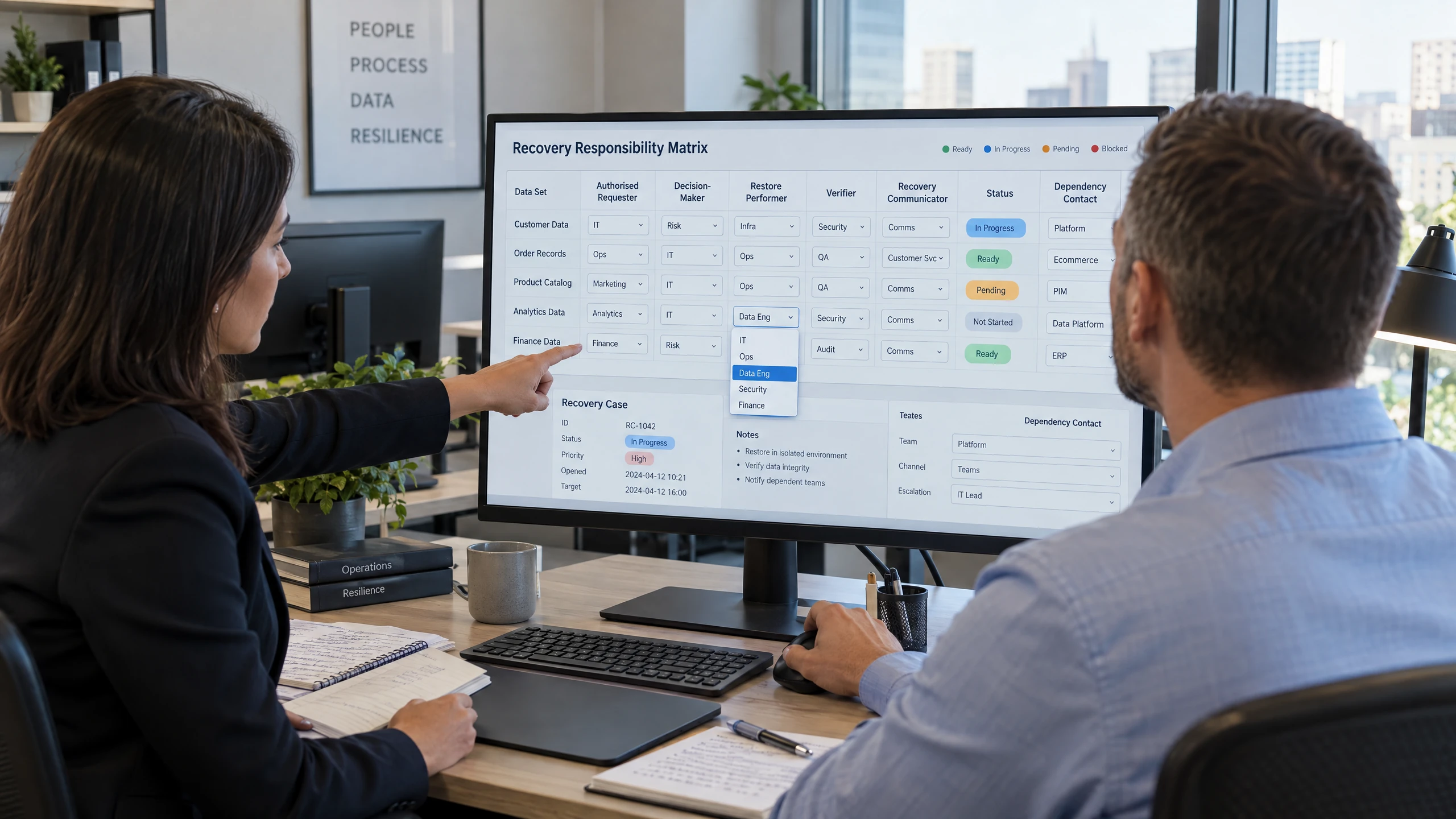 Customer data owner and recovery operator assigning requester, approver, performer, verifier and communications roles in a recovery responsibility matrix (illustrative)