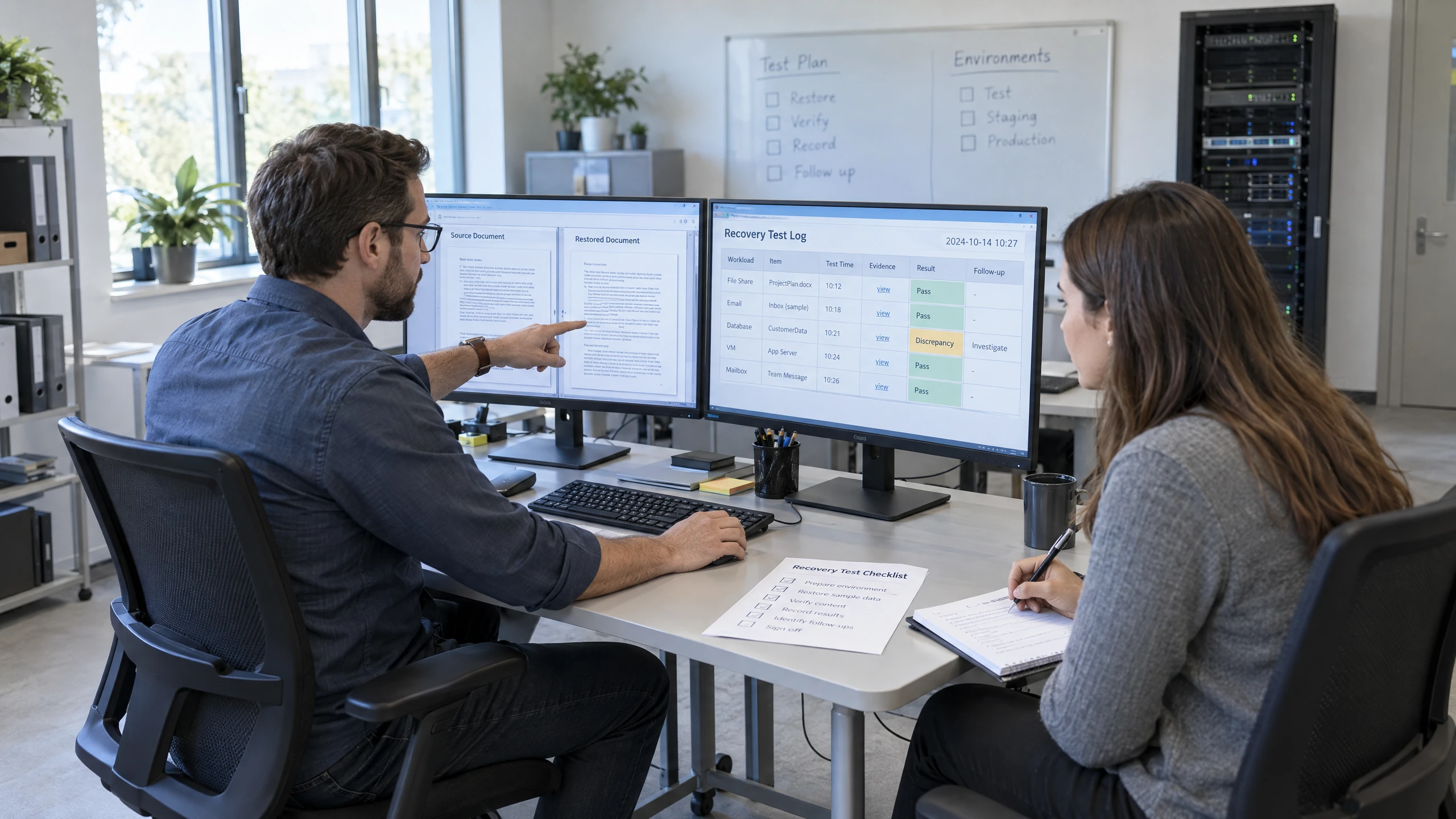 IT professionals comparing restored sample data with expected content and recording pass, discrepancy and follow-up evidence in a test log (illustrative)