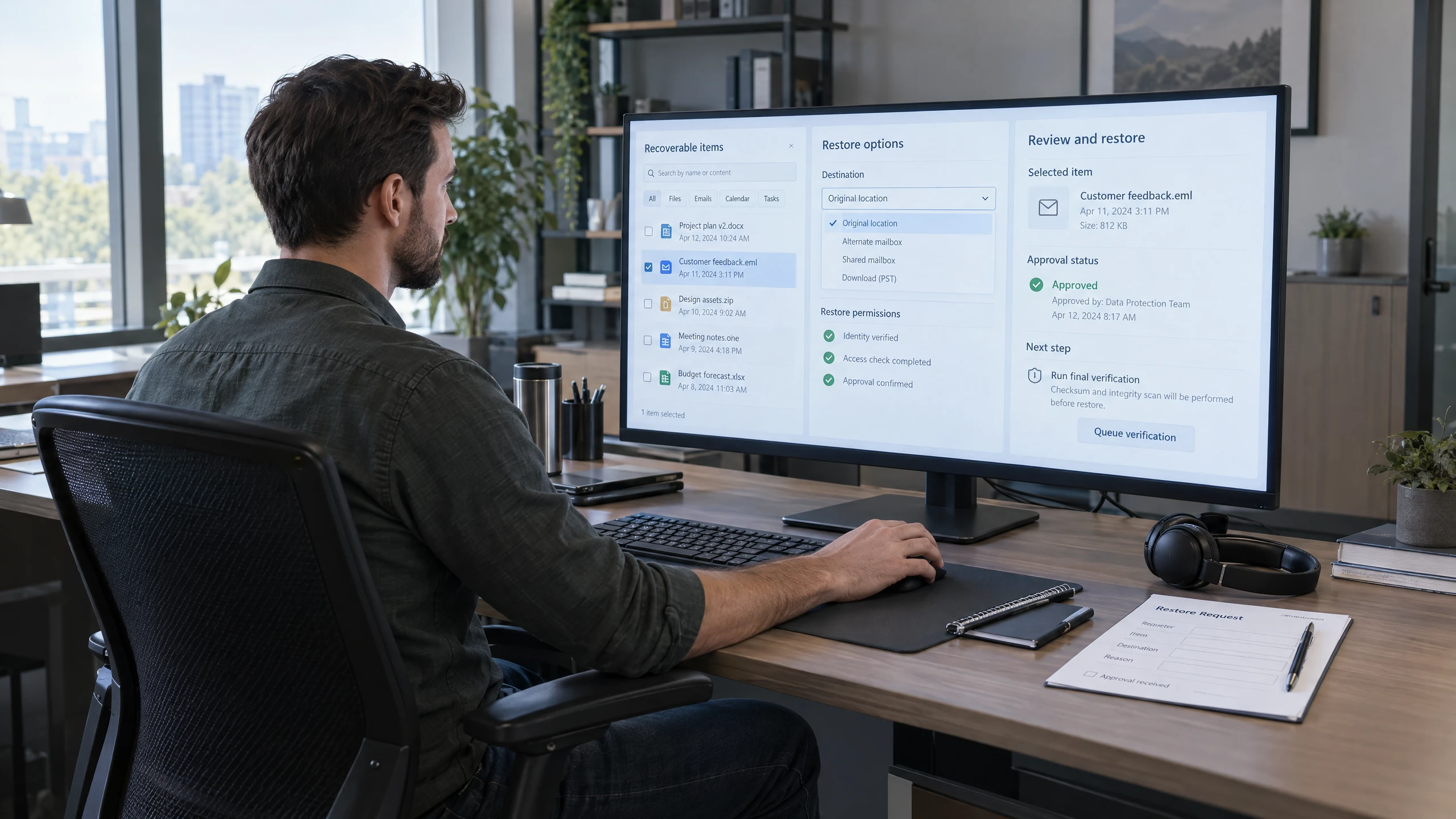Support engineer selecting an approved file or mailbox item, checking access, choosing a restore destination and queuing verification (illustrative)