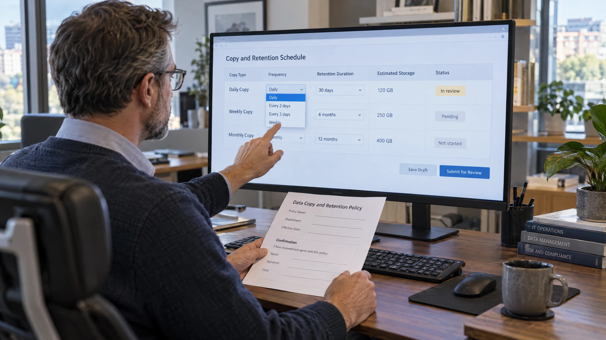 Technology manager setting copy frequencies and finite retention durations in a generic policy interface while reviewing confirmation notes (illustrative)