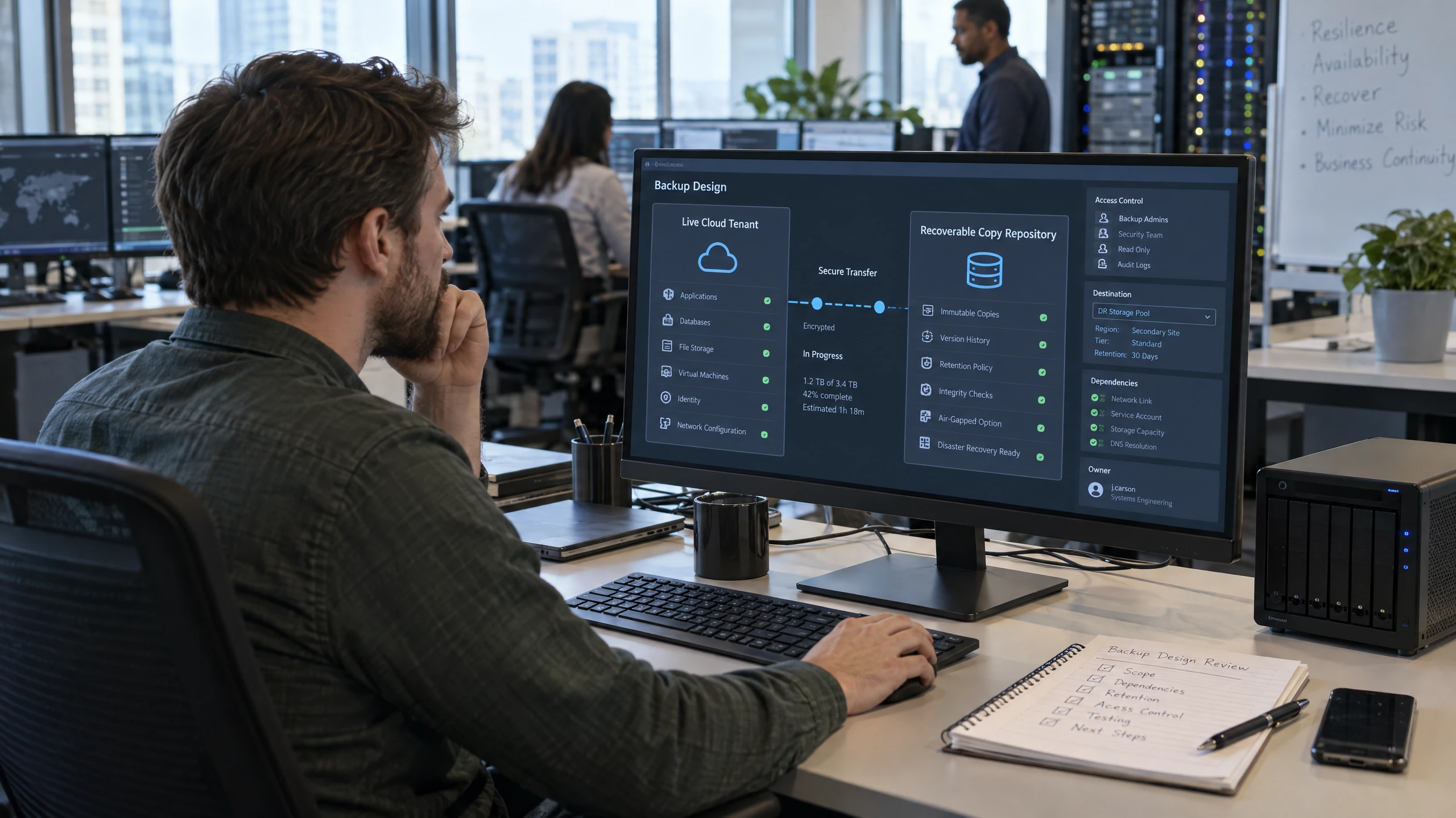 Systems engineer reviewing a separate recoverable-copy repository, transfer path, access controls and ownership fields beside a live tenant interface (illustrative)