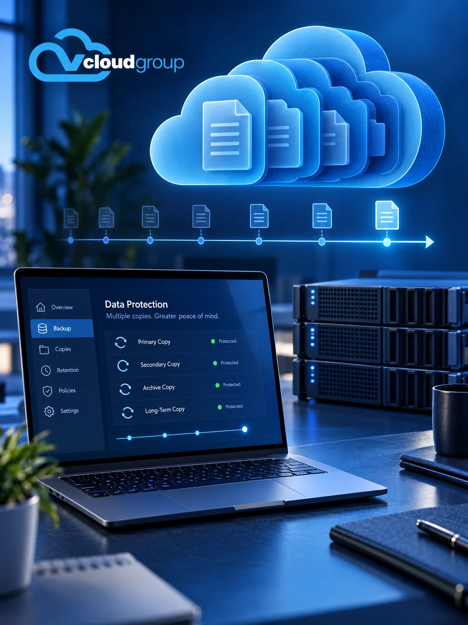 Conceptual portrait illustration of retention and copy policy for Microsoft 365 Backup