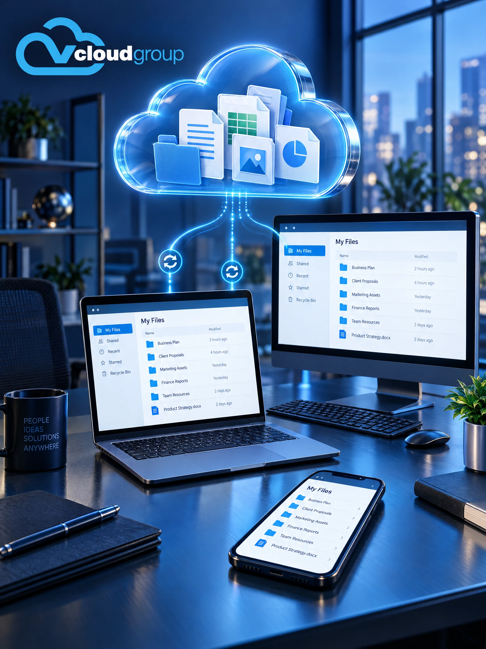 Conceptual portrait illustration of onedrive file access for Microsoft 365