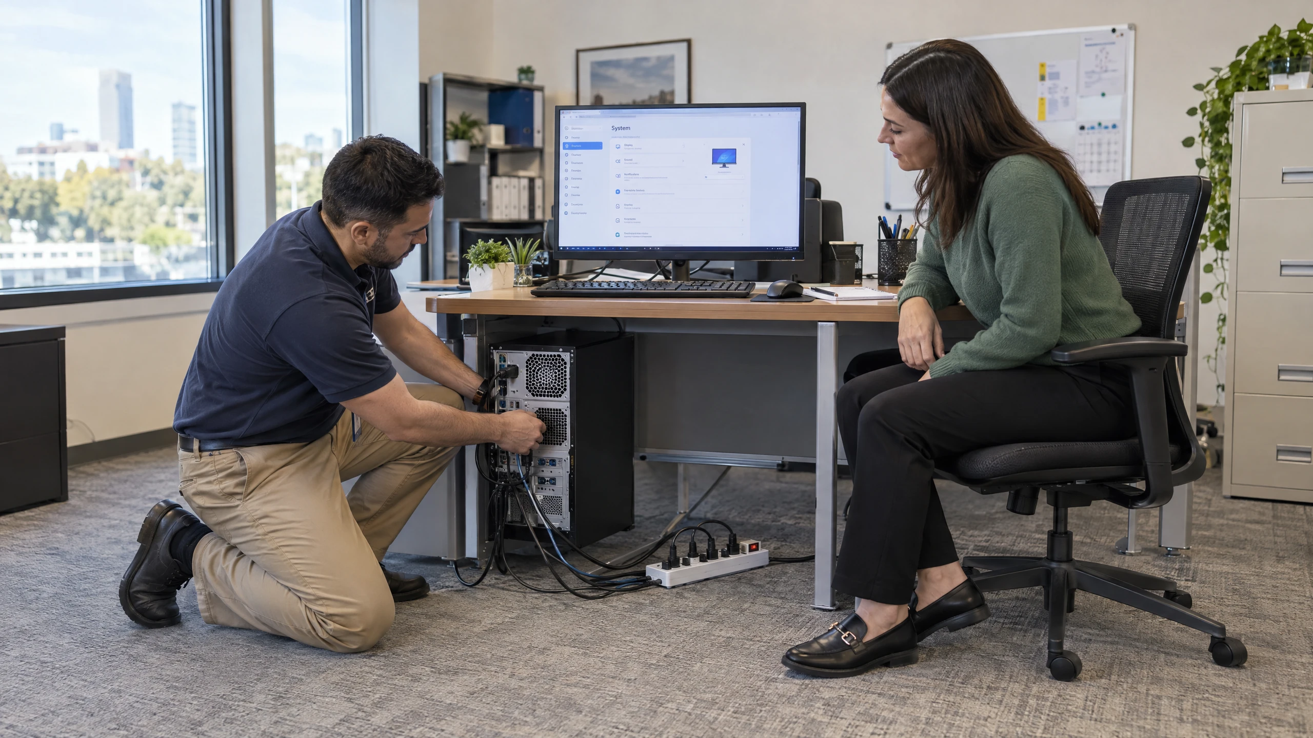 Technician checking a desktop computer’s rear ports, cables and device status beside an office user (illustrative)