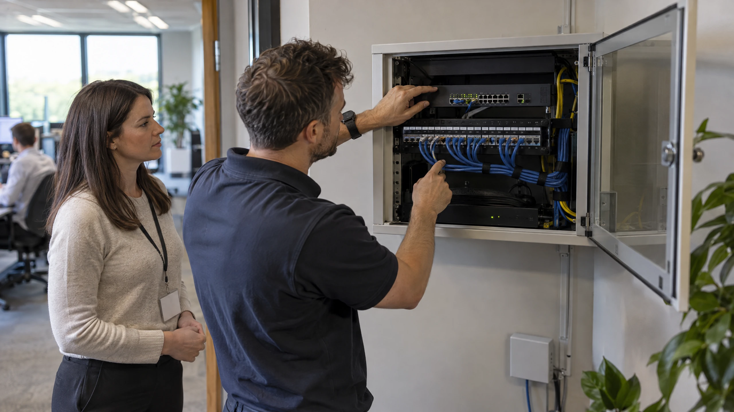 Technician tracing an Ethernet cable through an office network cabinet with switch, patch panel and router link lights visible (illustrative)