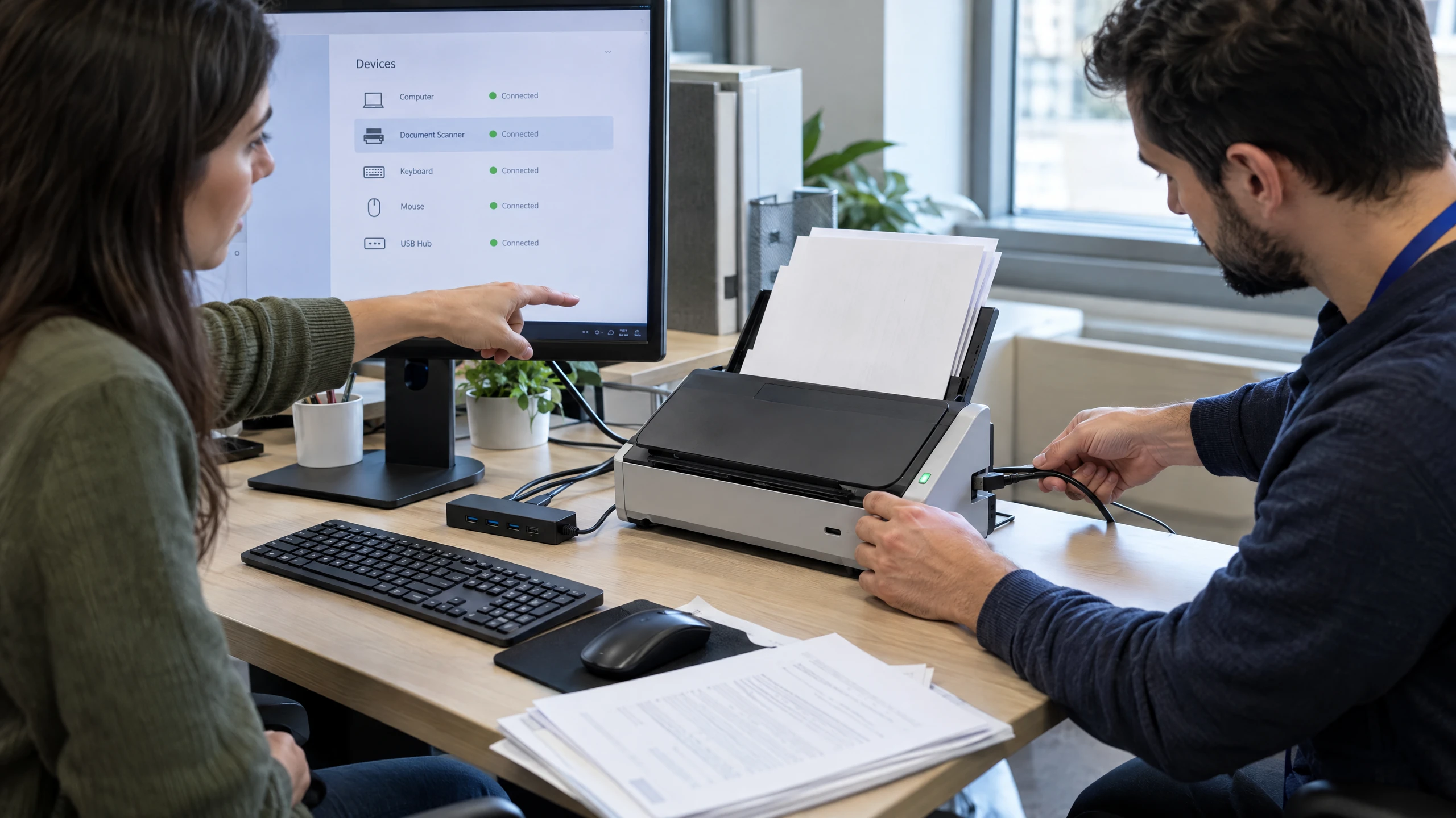 Technician reseating a scanner cable and checking peripheral settings while an office user indicates the affected setup (illustrative)