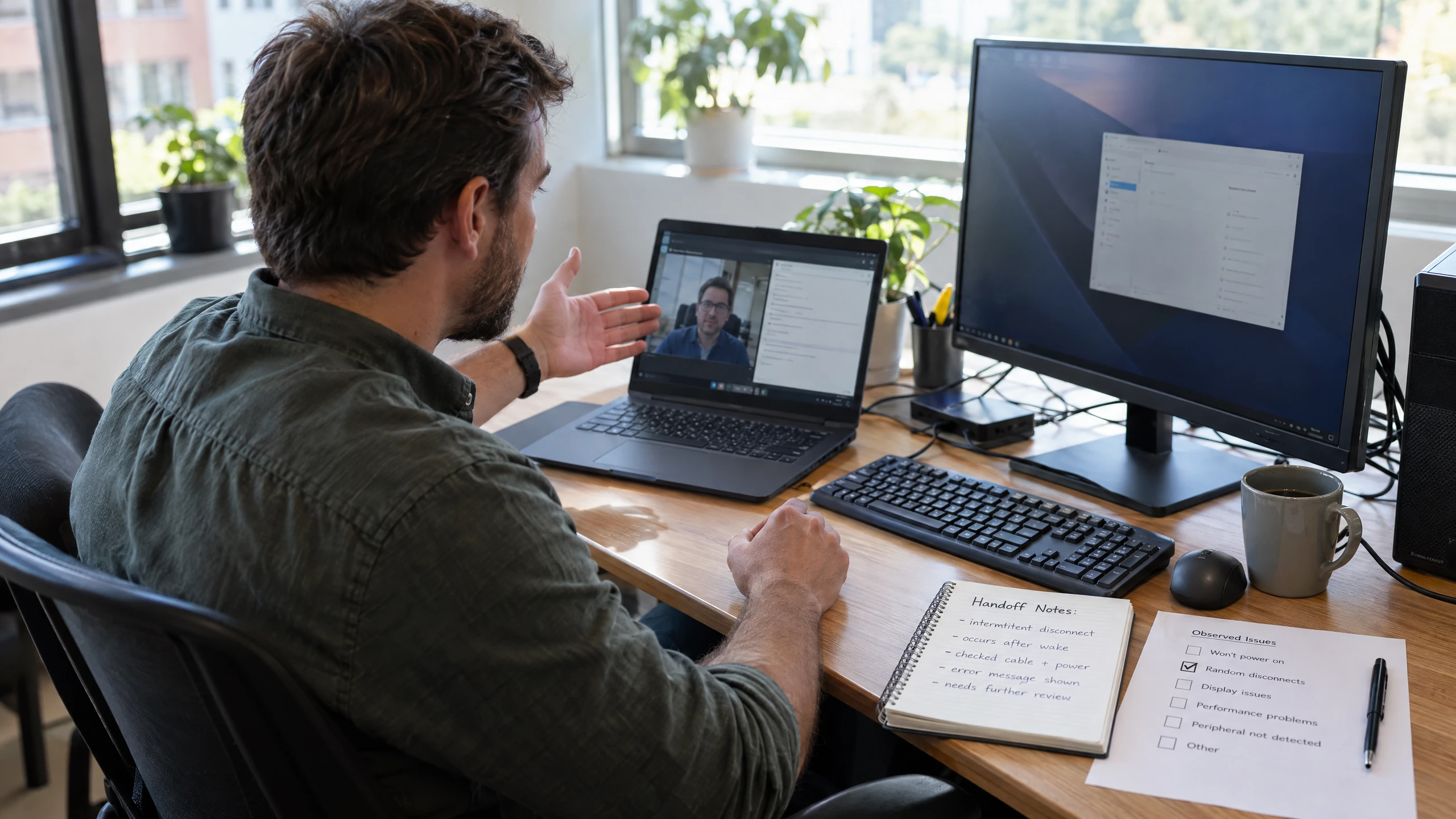 Office user discussing inspected equipment on a remote support call beside a concise handoff note and issue checklist (illustrative)