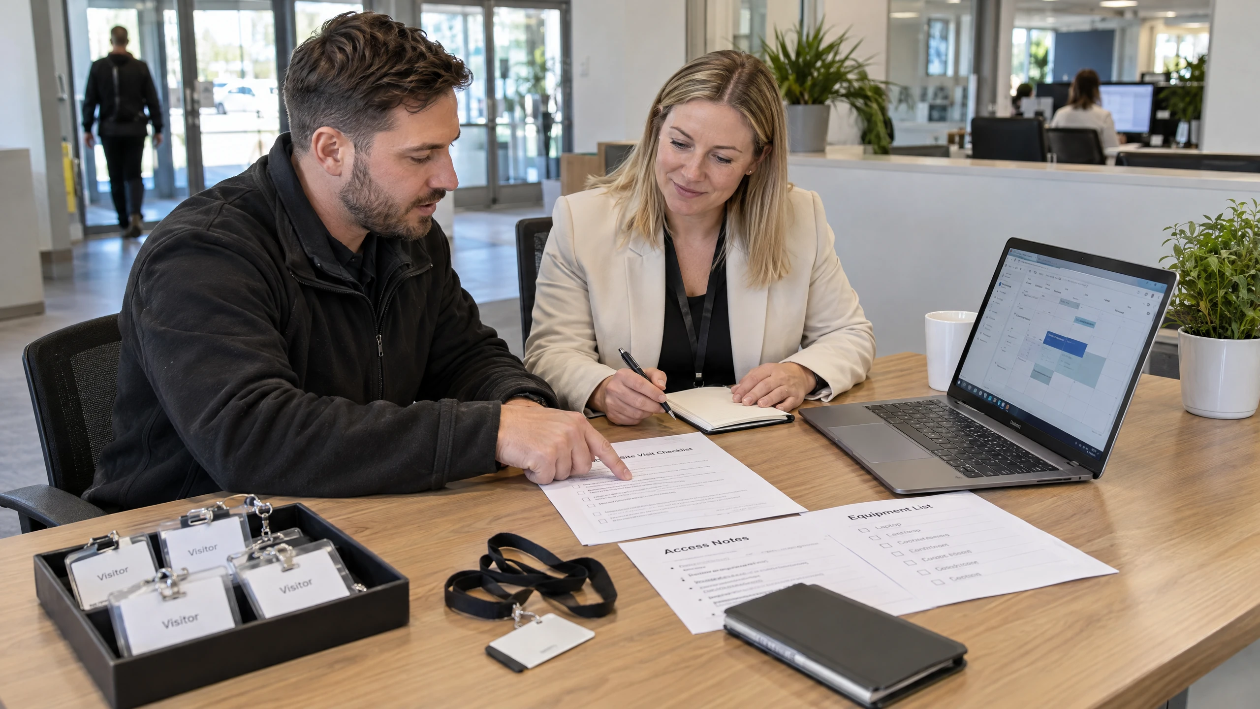 Support specialist and office contact confirming a scheduled workplace visit with a checklist, access notes and booking calendar beside a laptop (illustrative)
